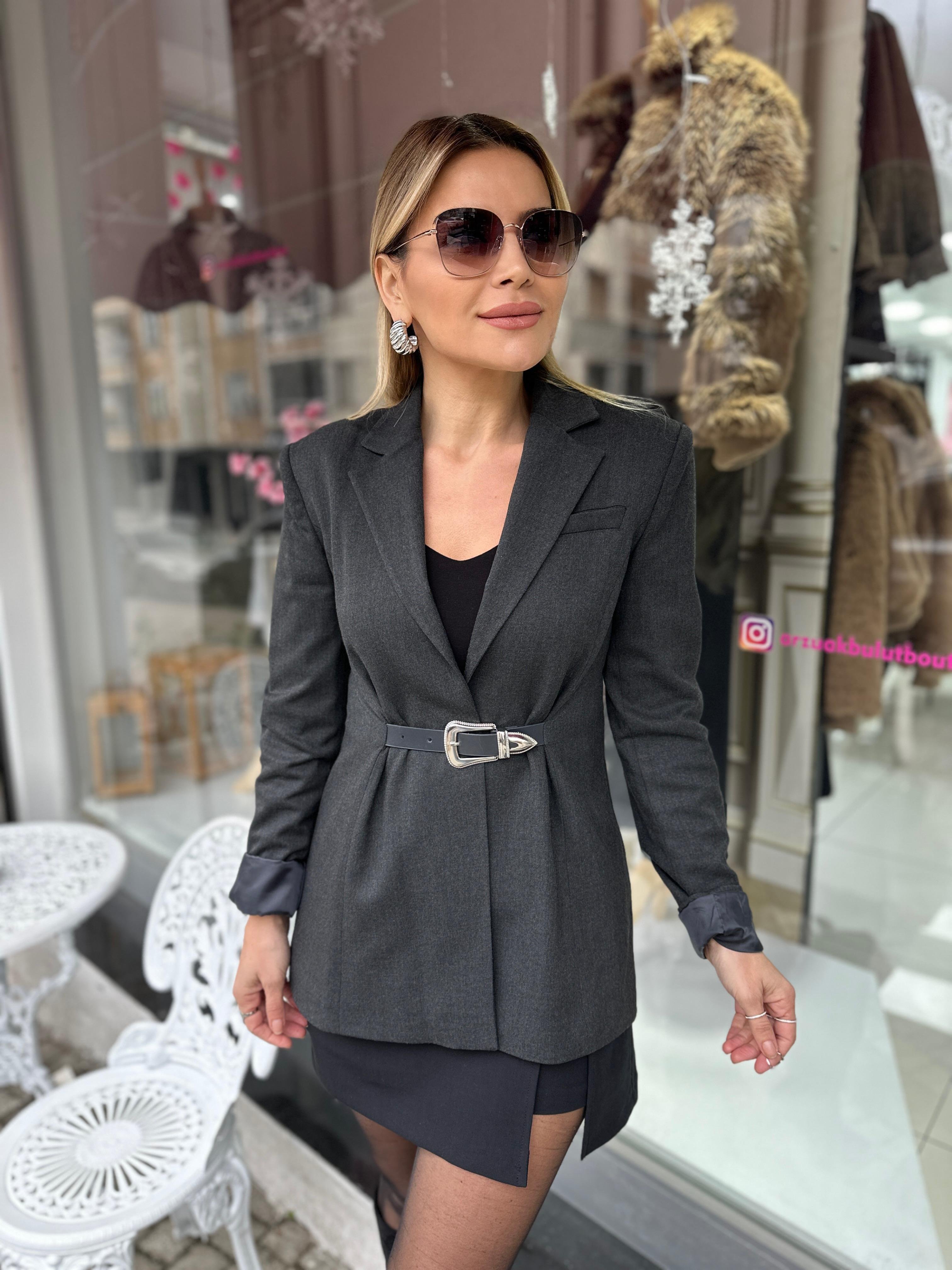 LF Antrasit Kemer Detay Blazer Ceket