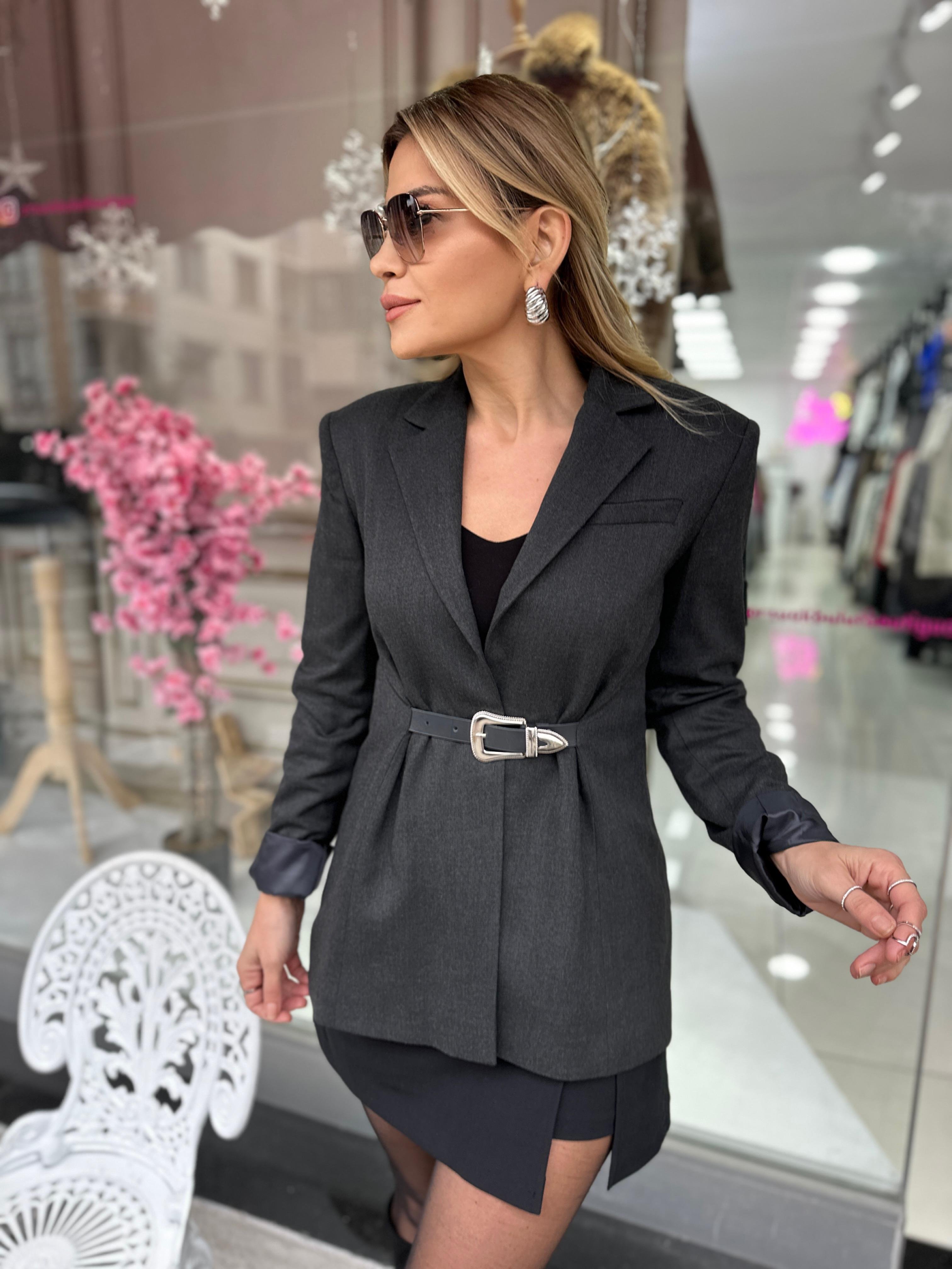 LF Antrasit Kemer Detay Blazer Ceket