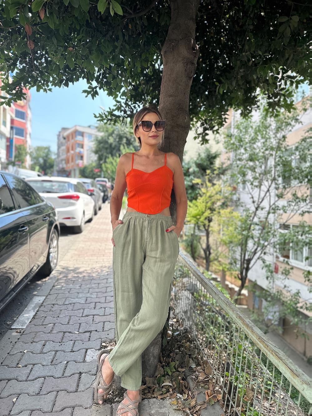 LF Haki Ham Keten Havuç Pantolon