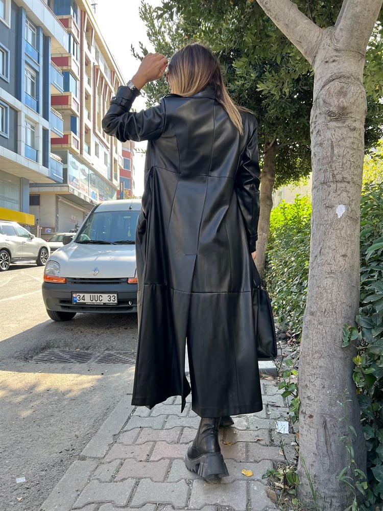 LF Siyah Uzun Deri Trençkot