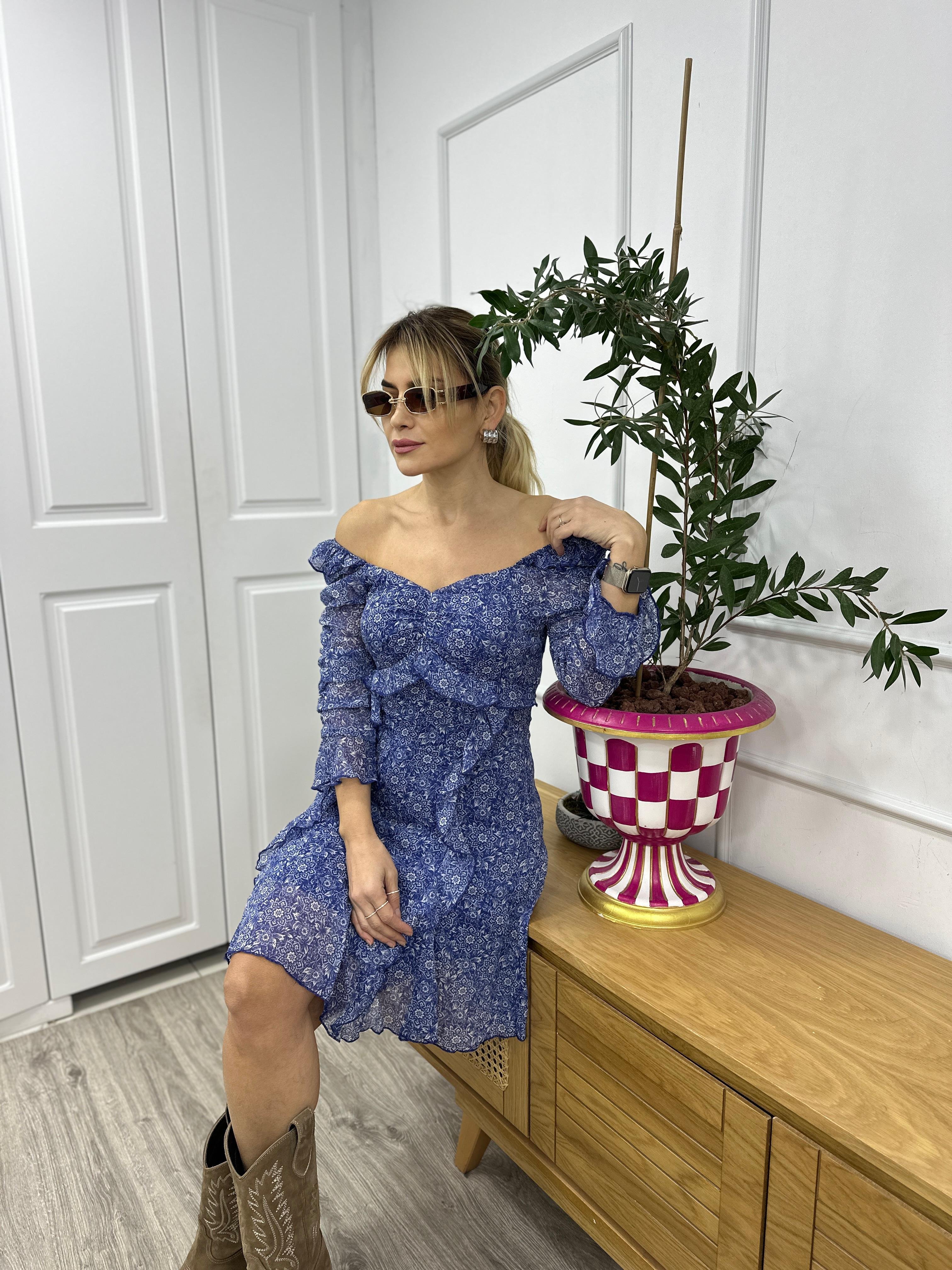 Mavi Drape Detaylı Elbise 