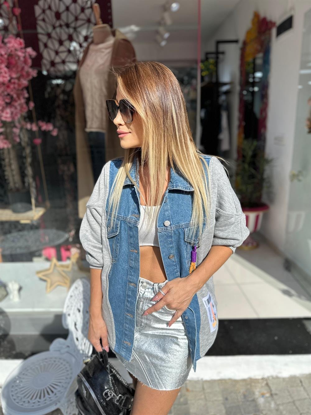 Mavi Garnili Tasarım Denim Ceket 
