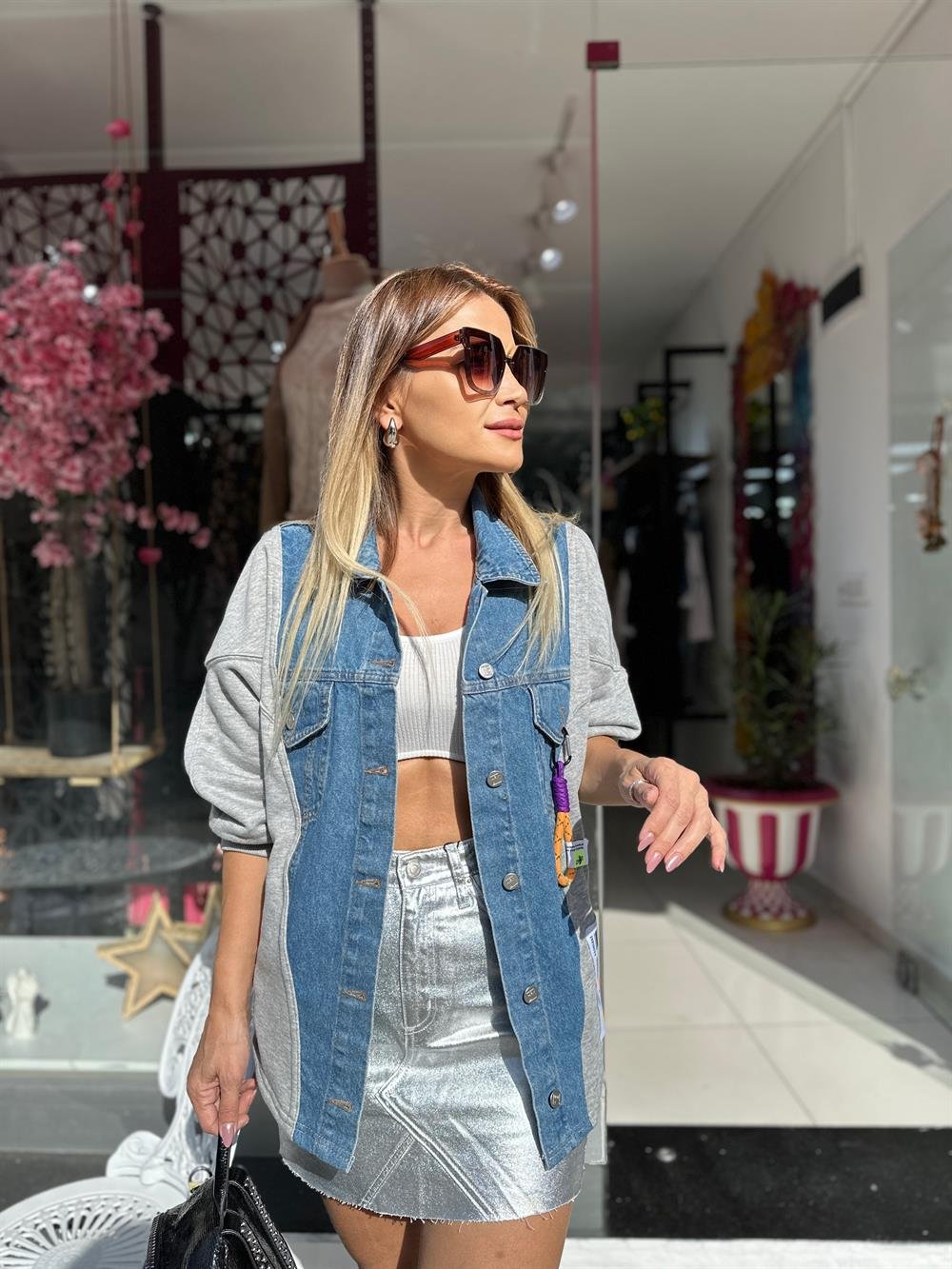 Mavi Garnili Tasarım Denim Ceket 