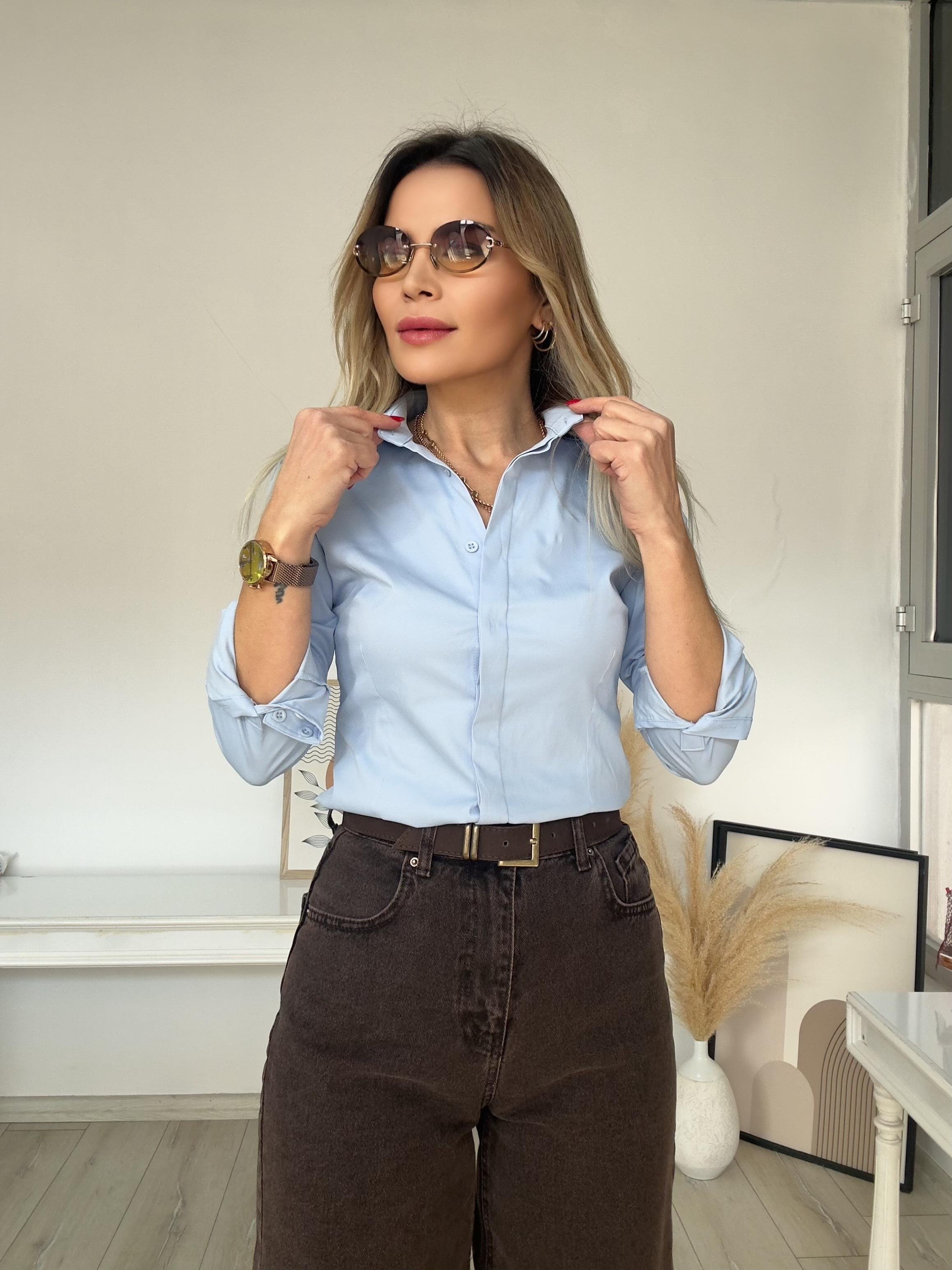 Mavi Slim Kalıp Pamuklu Gömlek 