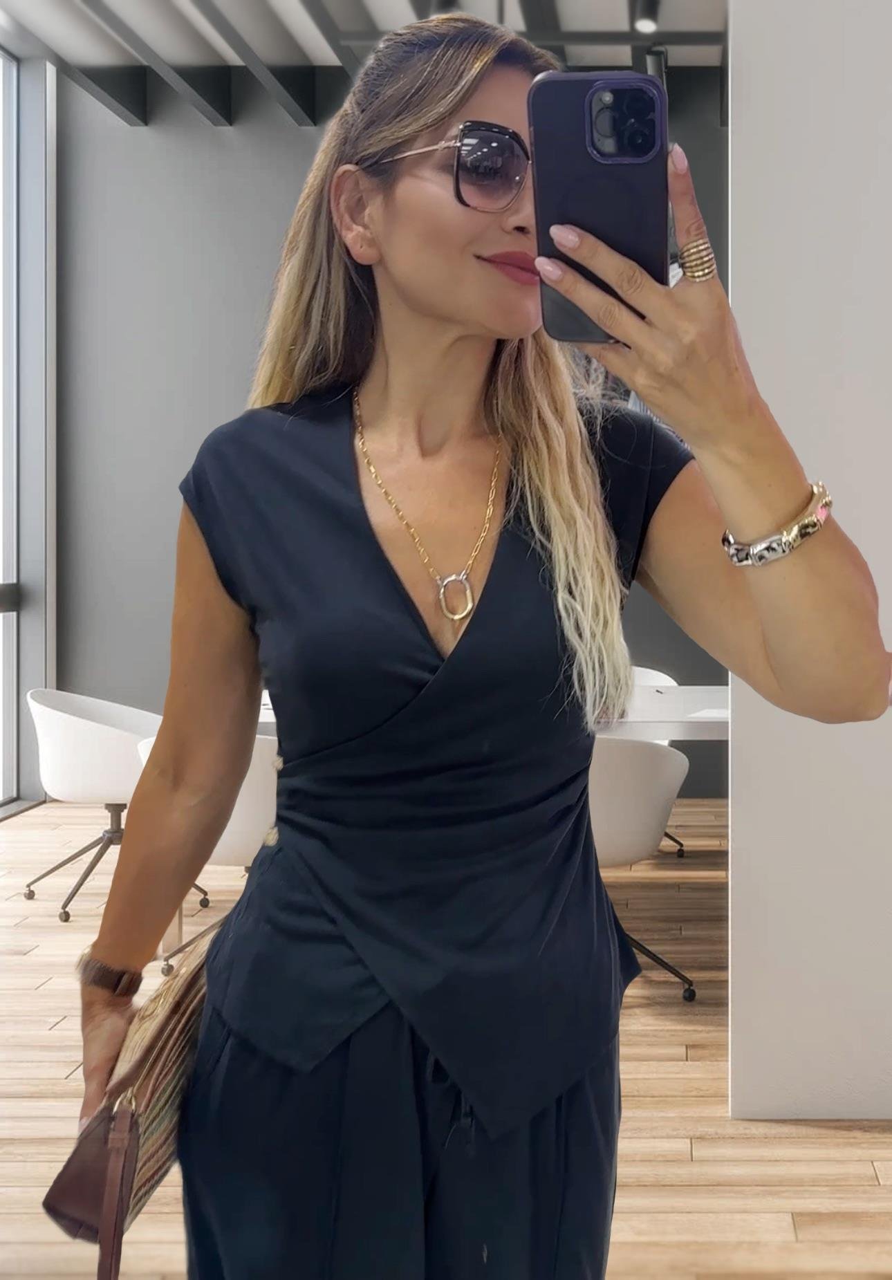 Modal Kumaş Yan Tokalı Örme Bluz Pantolon Takım