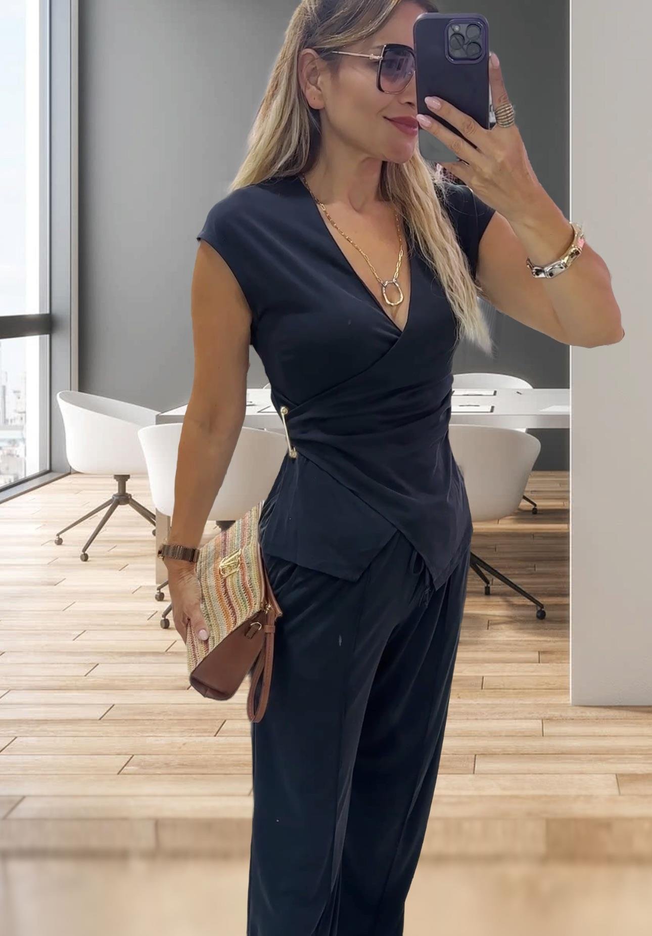 Modal Kumaş Yan Tokalı Örme Bluz Pantolon Takım