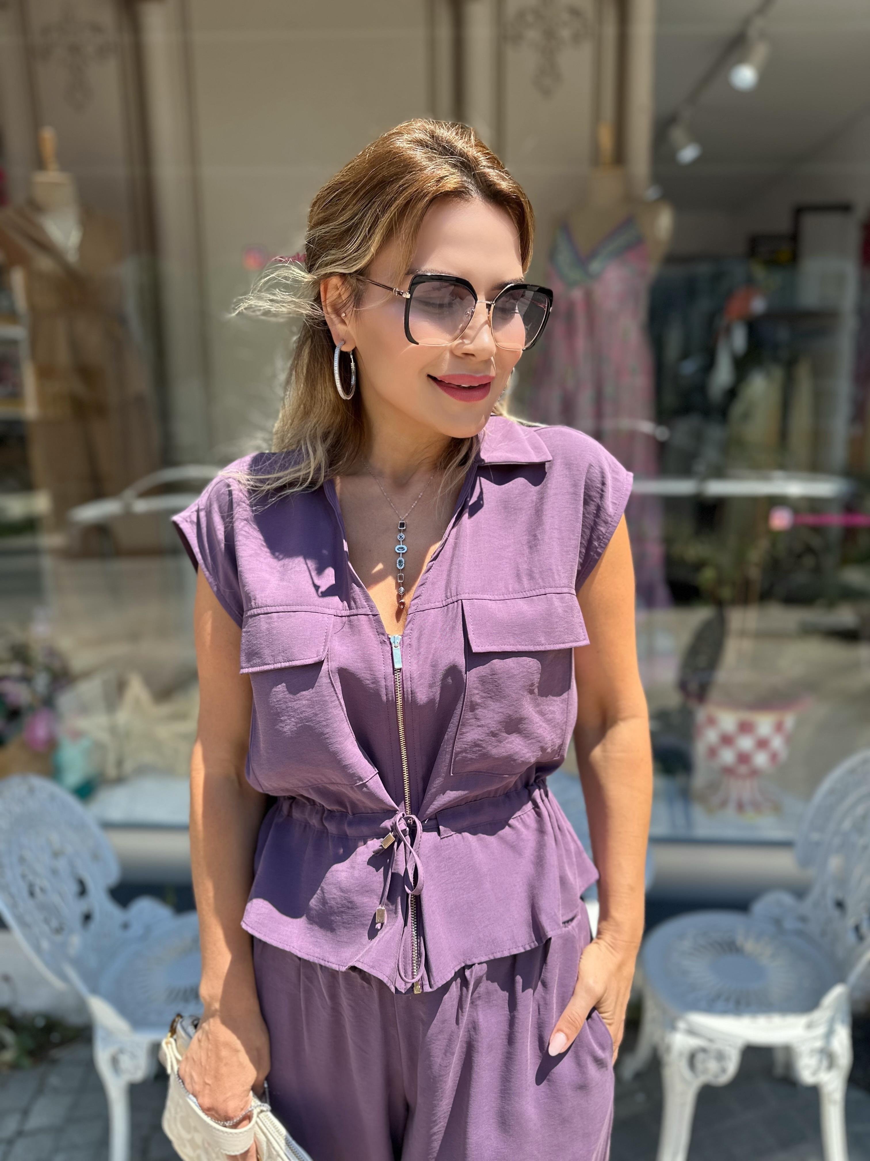 Mor Tensel Kumaş Beli Büzgülü Takım 