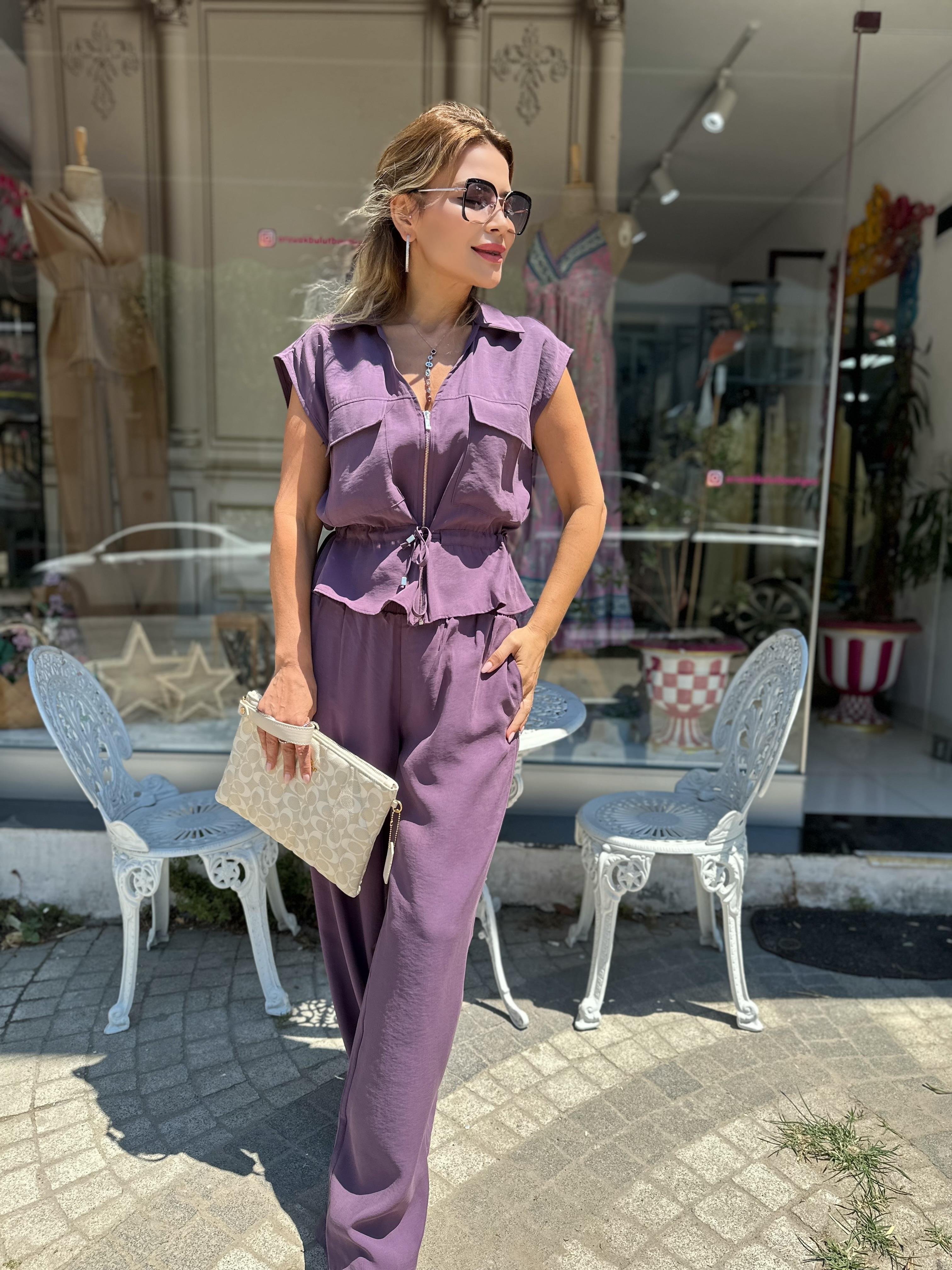 Mor Tensel Kumaş Beli Büzgülü Takım 