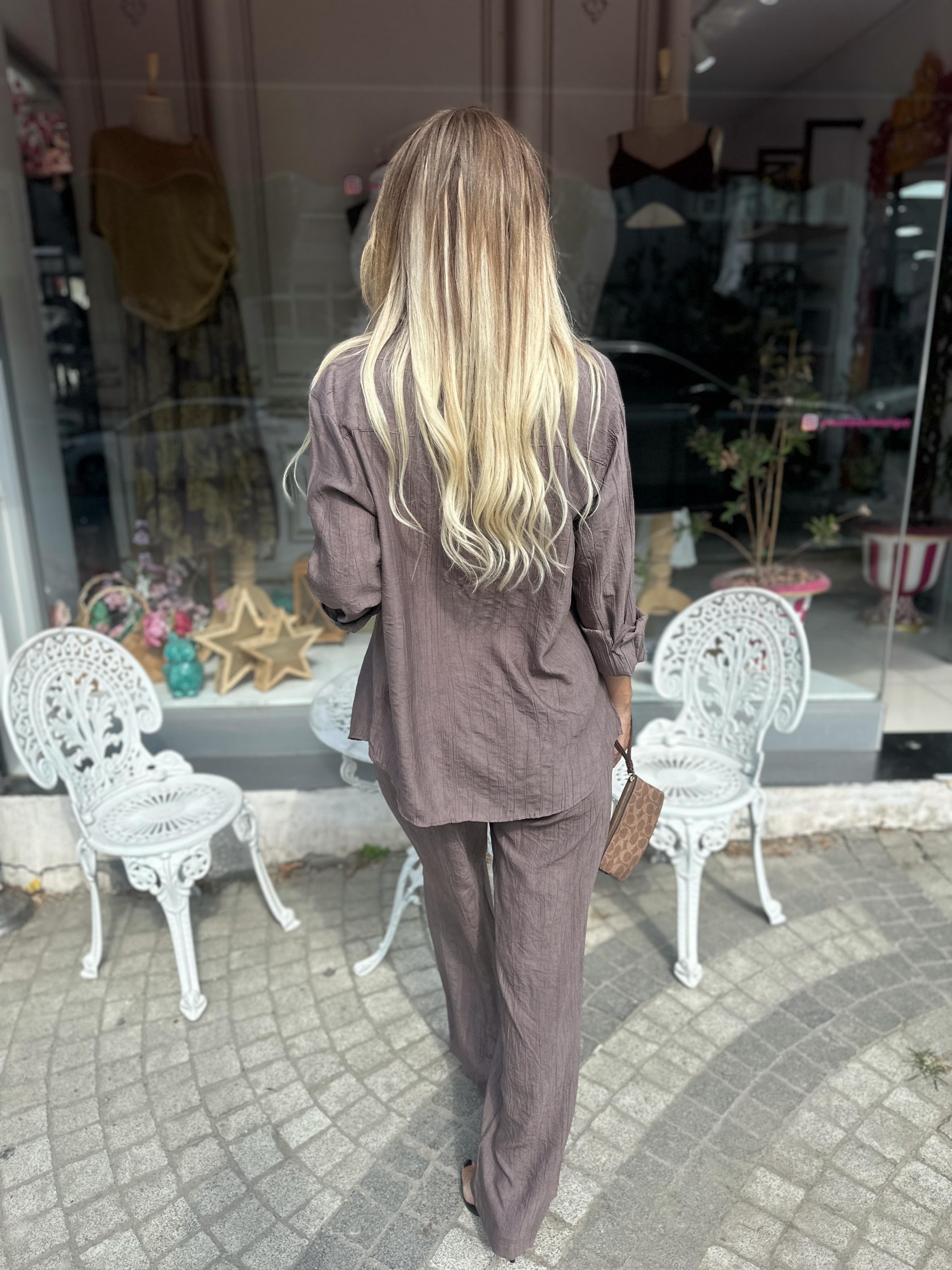 MSM Kahve Tensel Kumaş Gömlek Pantolon Takım 