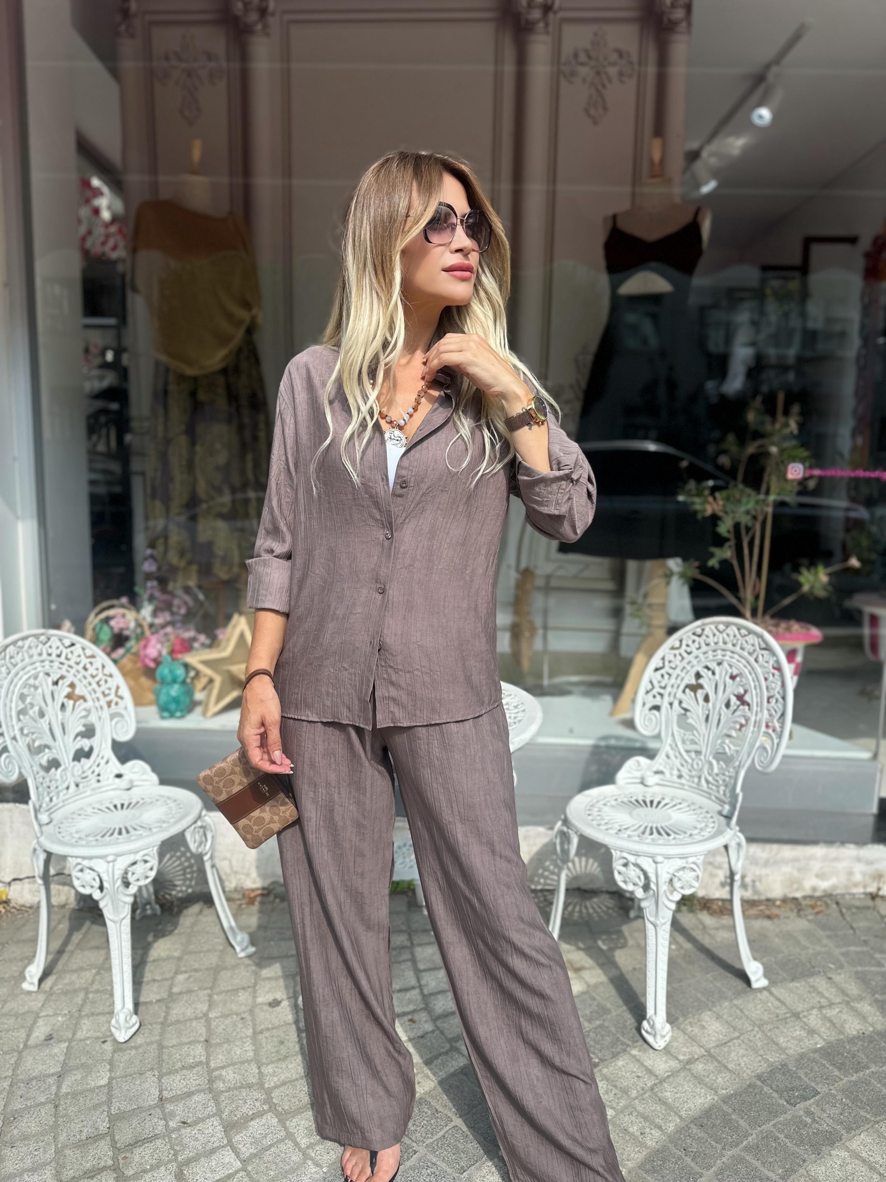 MSM Kahve Tensel Kumaş Gömlek Pantolon Takım 