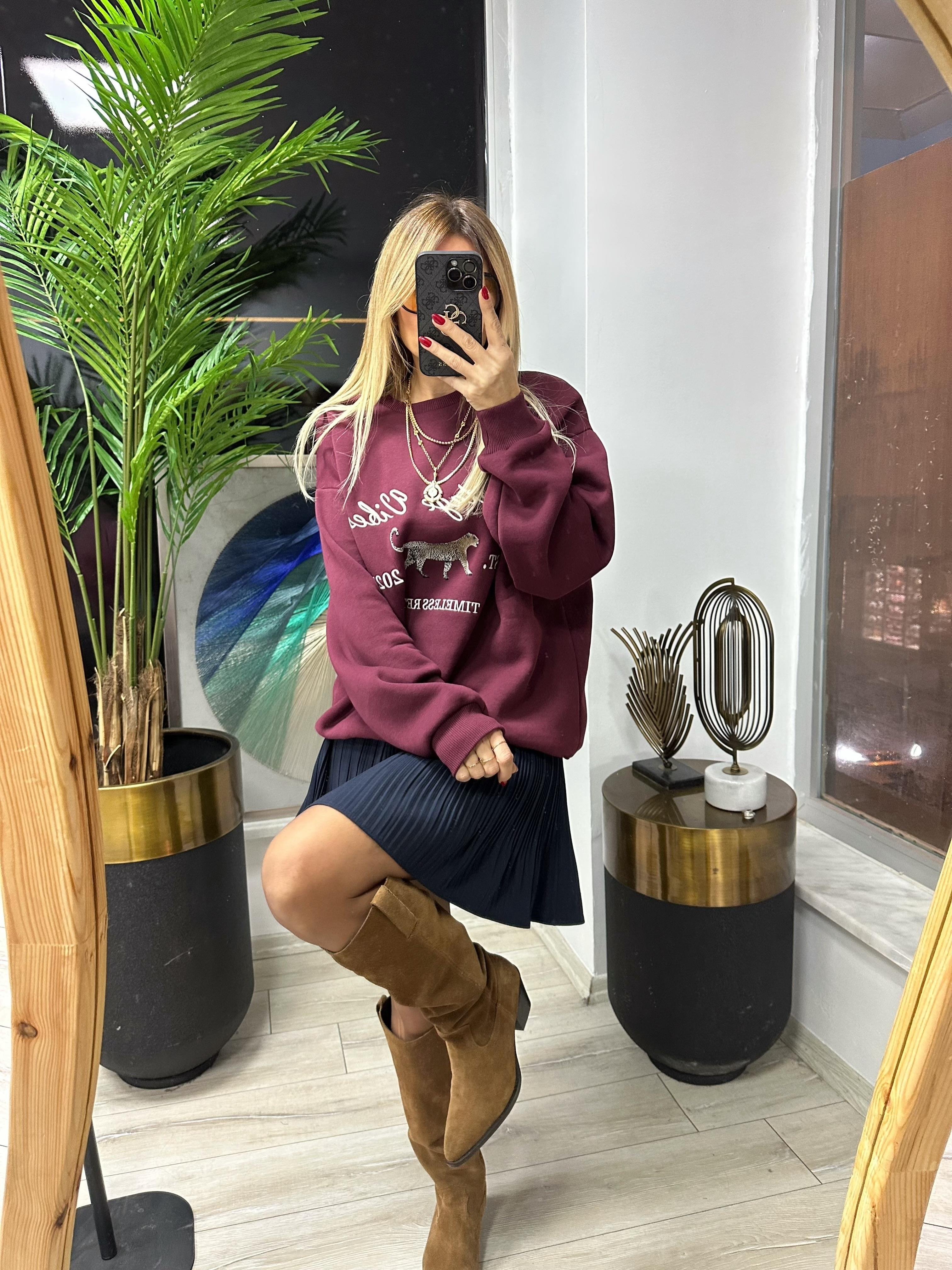 Mürdüm Baskılı Şardonlu Sweat