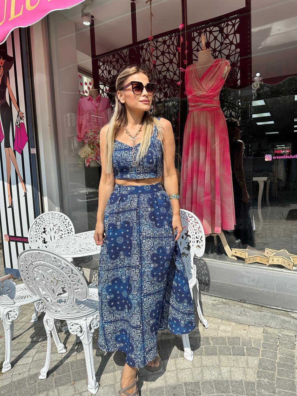 Müslim Mavi Etek Crop Takım 