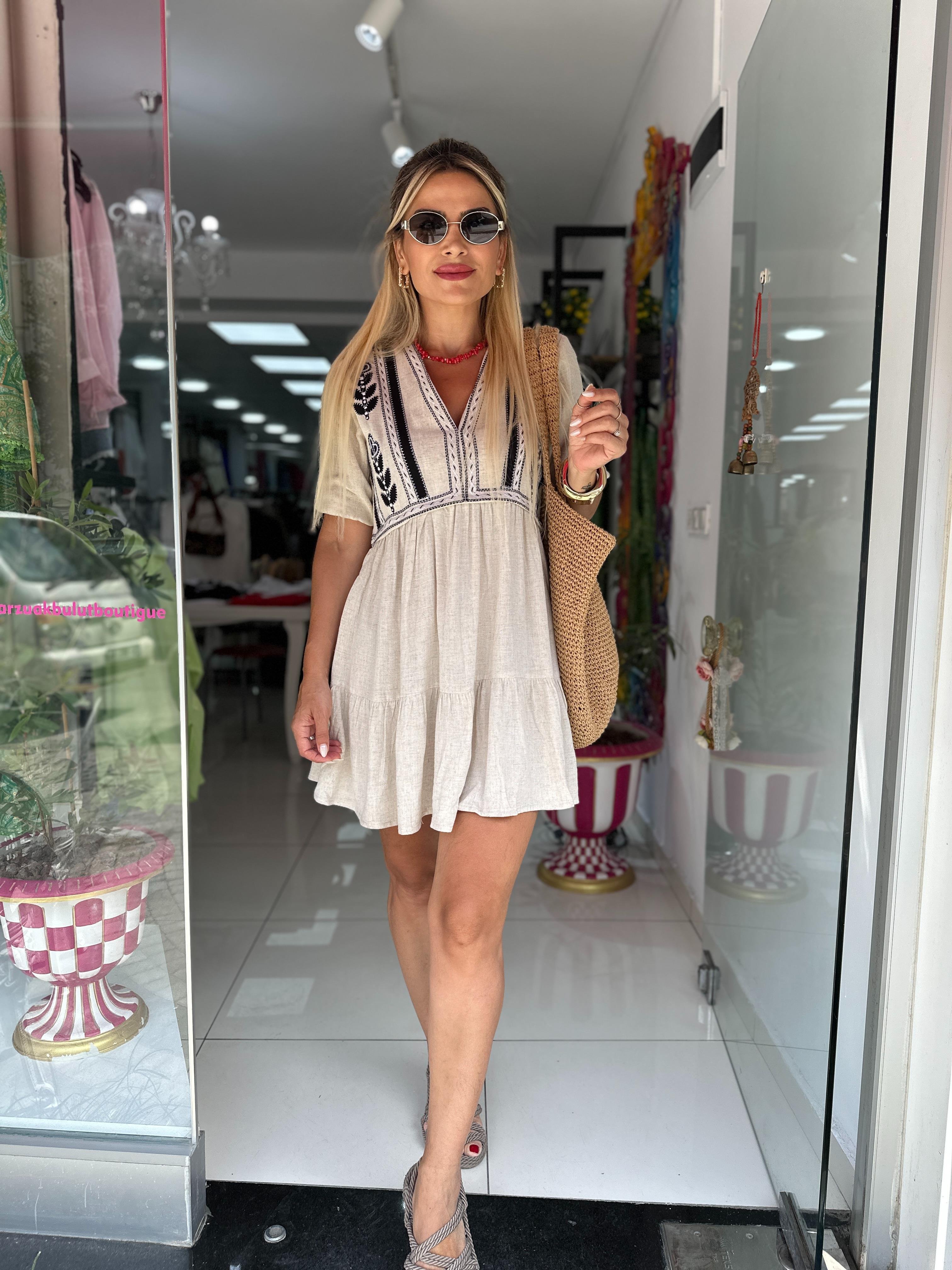 Natural Keten İşlemeli Elbise