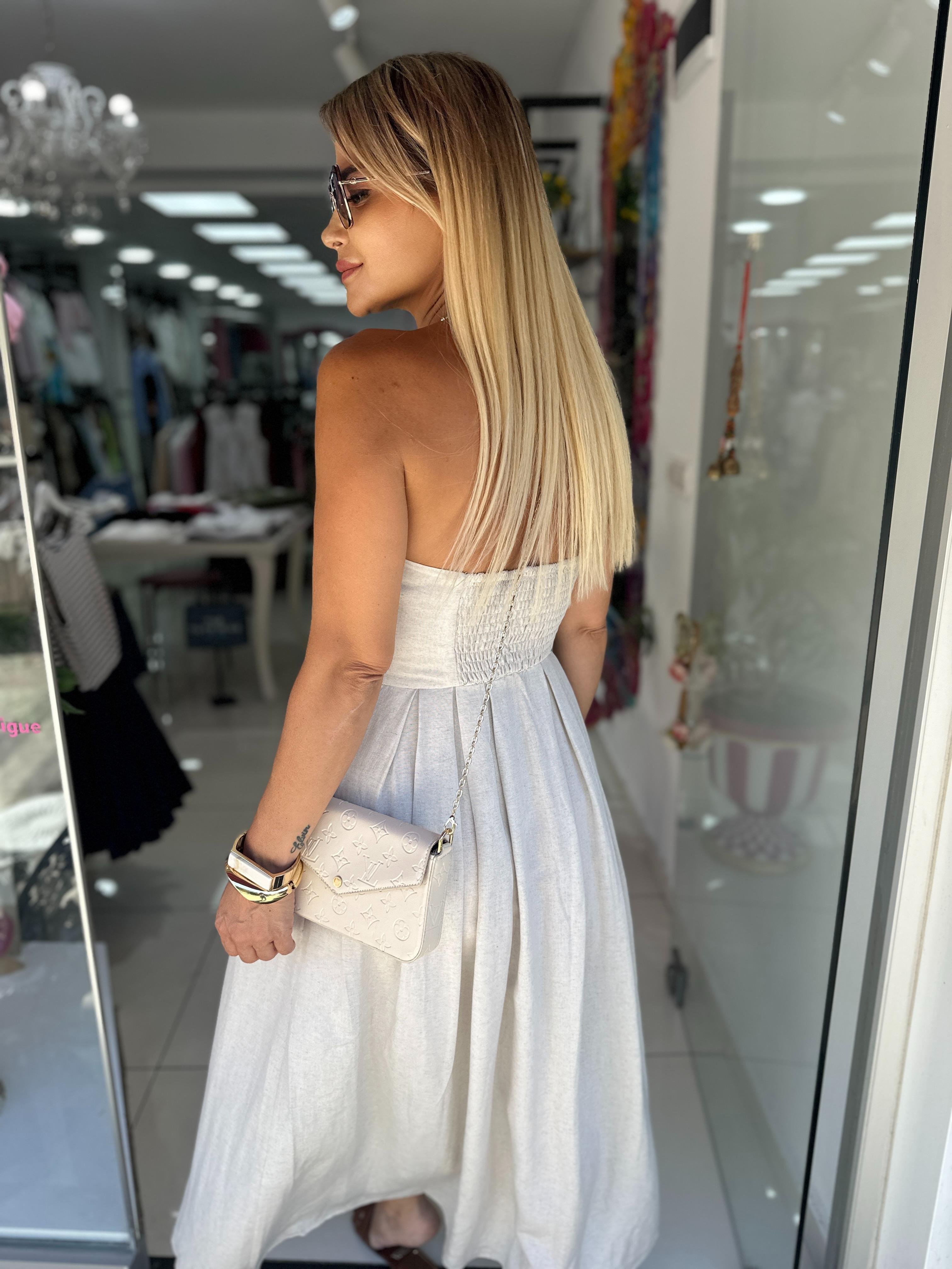 Naturel Kumaş Bej Straplez Keten Elbise