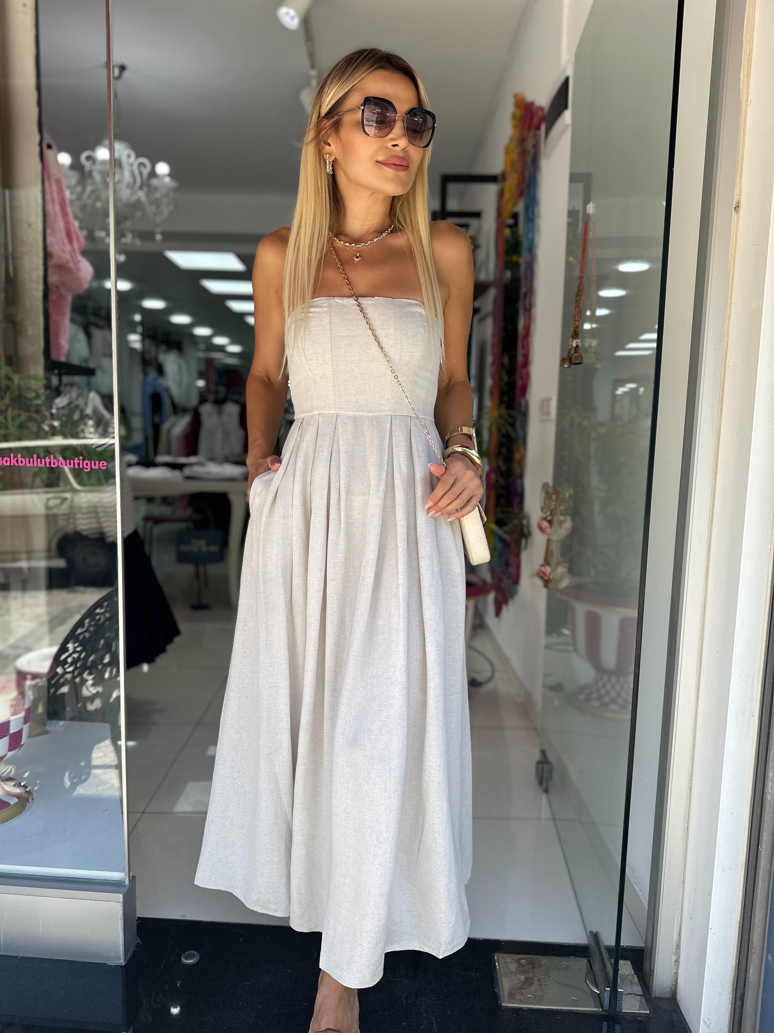 Naturel Kumaş Bej Straplez Keten Elbise