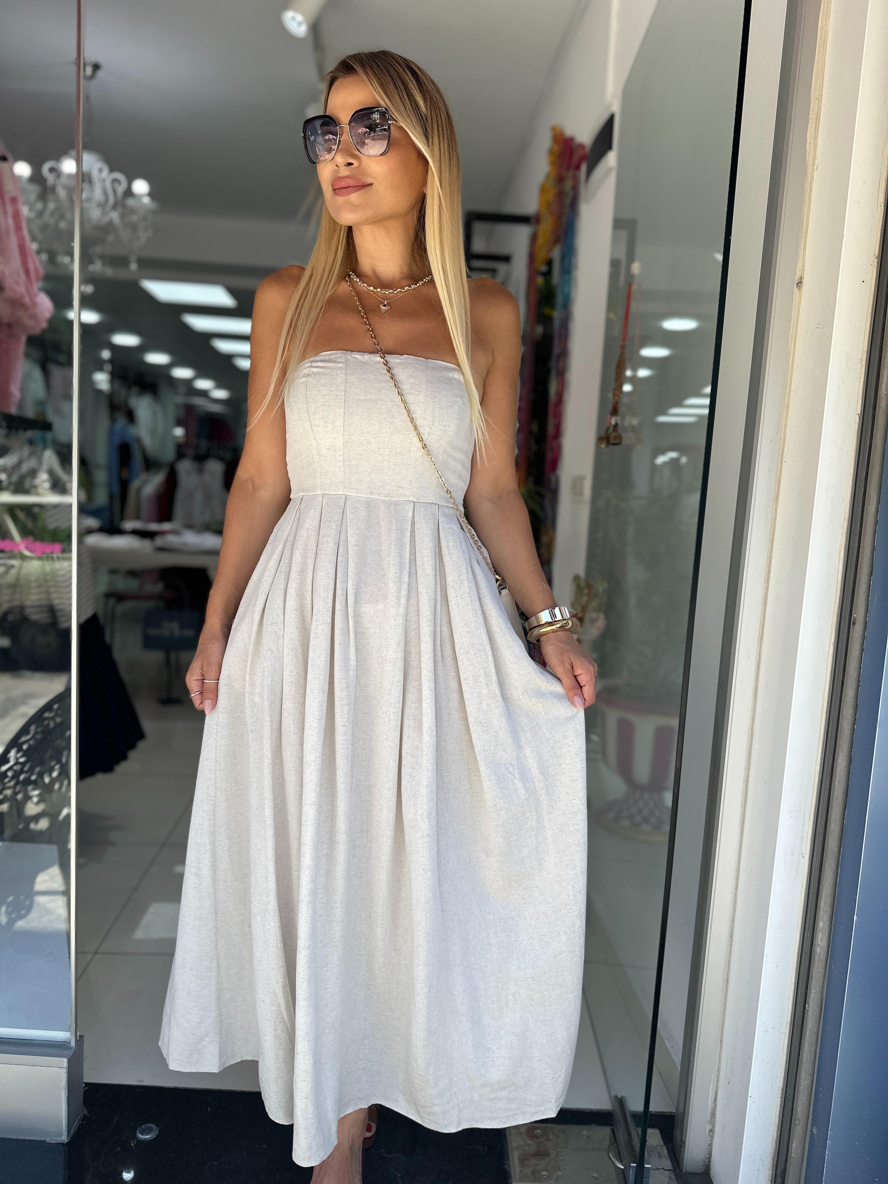 Naturel Kumaş Bej Straplez Keten Elbise