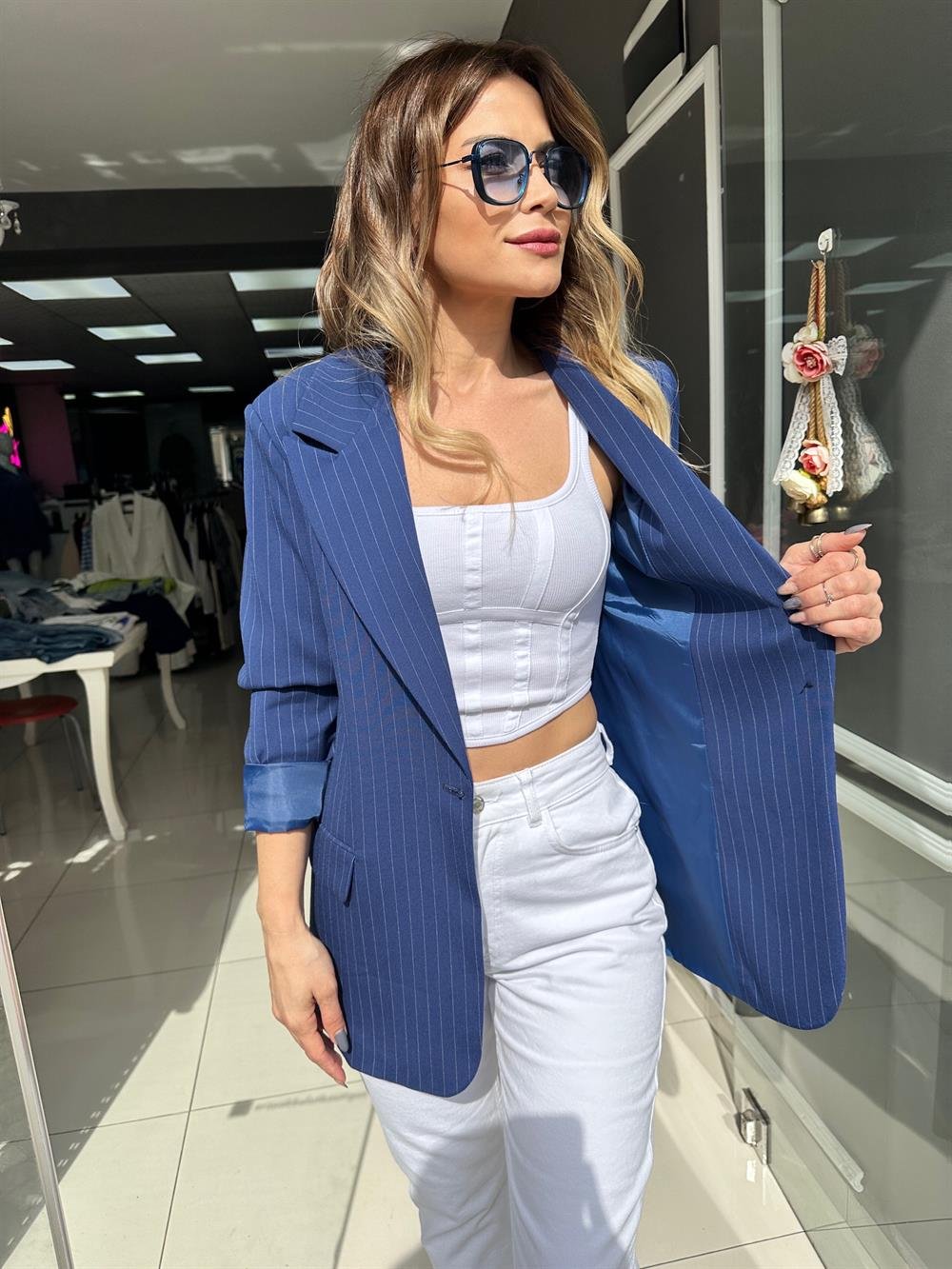 NM Lacivert Çizgili Oversize Blazer Ceket