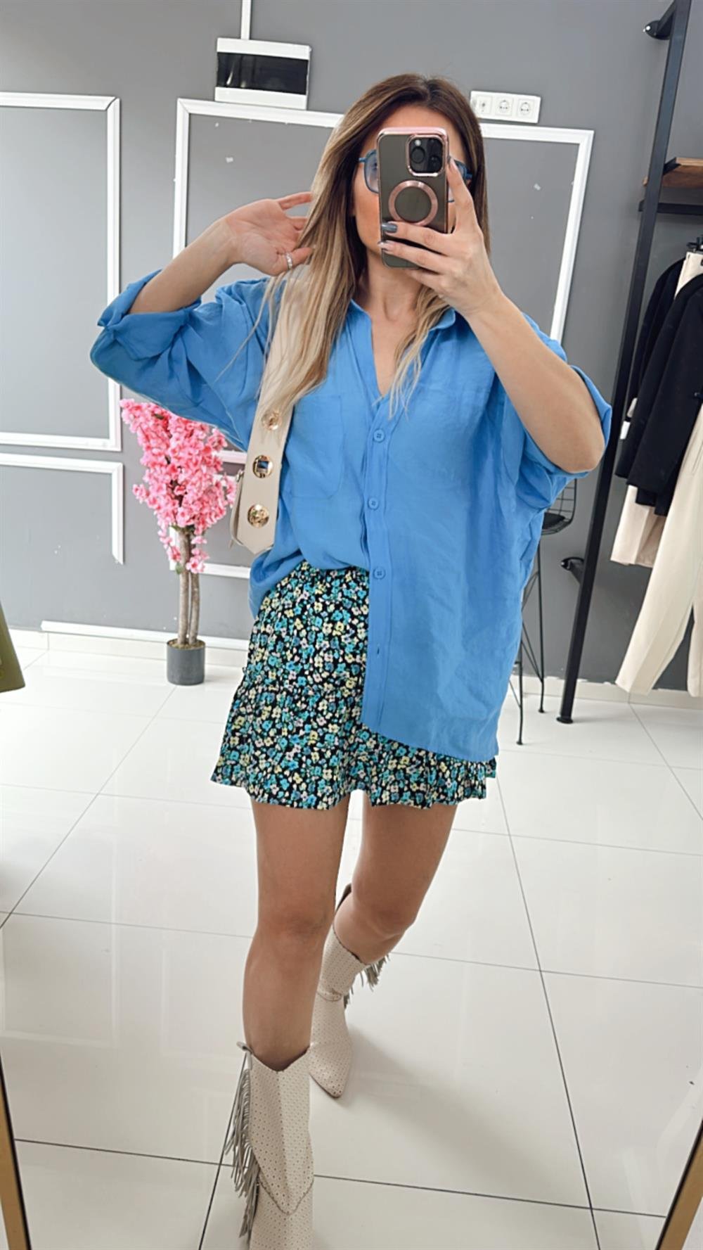 NM Mavi Çicekli Şortetek