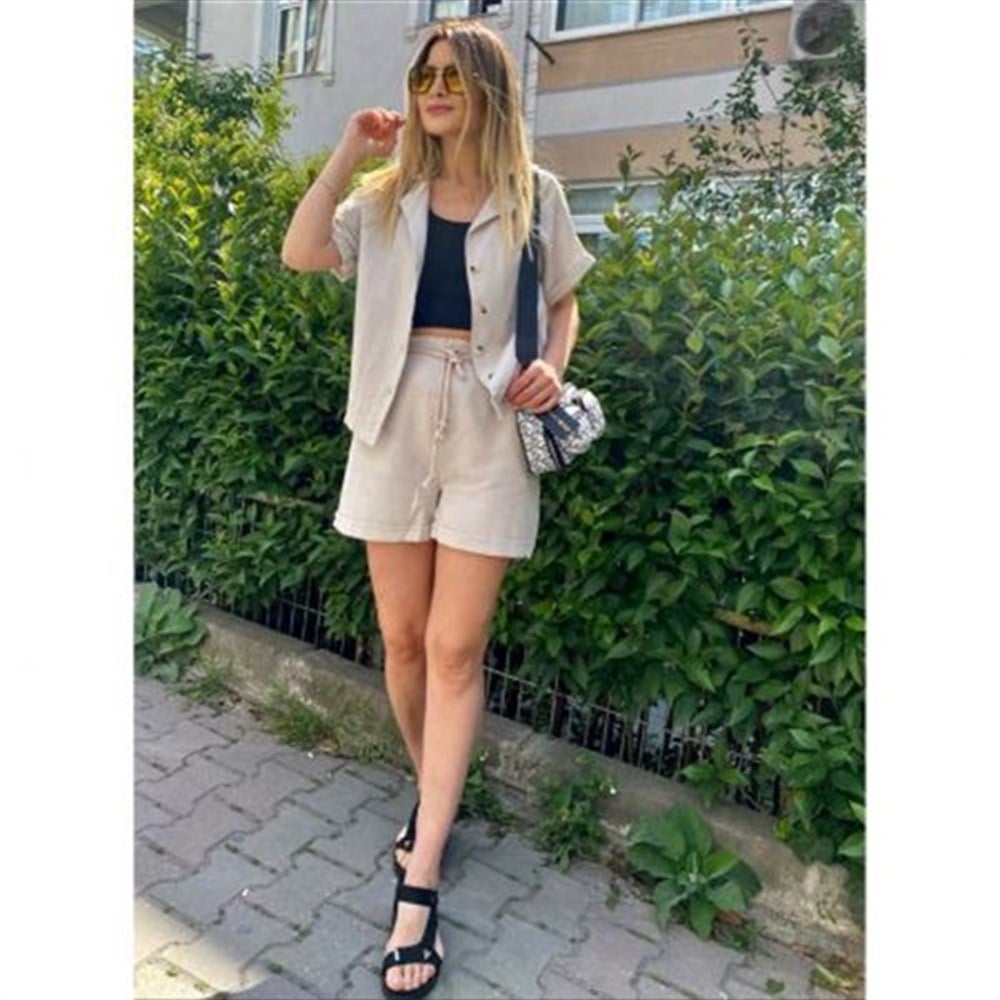 OR Bej Şortlu Keten Takım