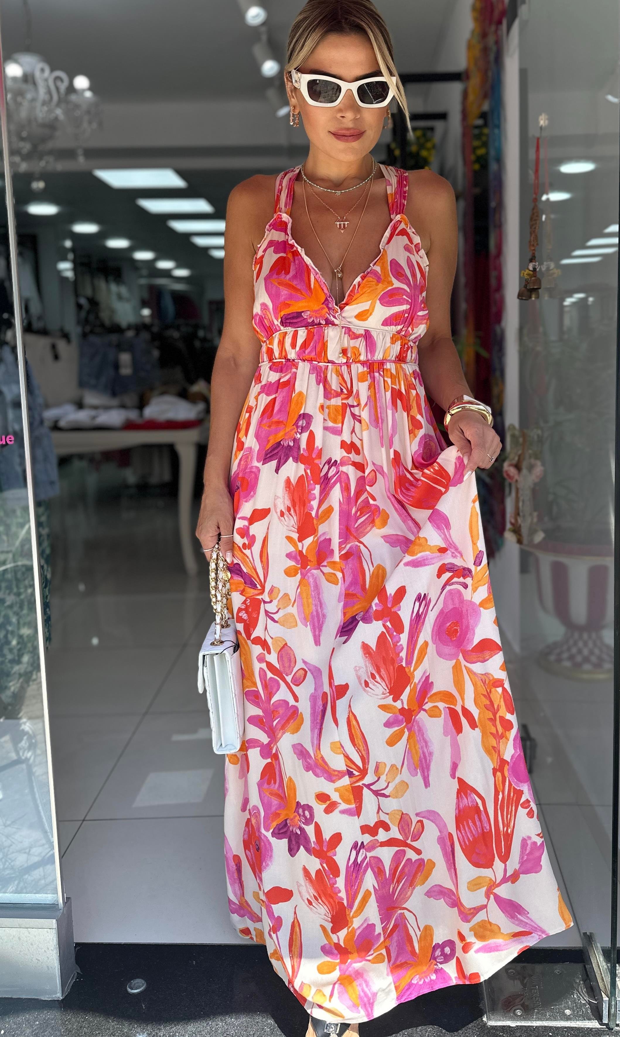 Orange Desenli Ara Biyeli Elbise