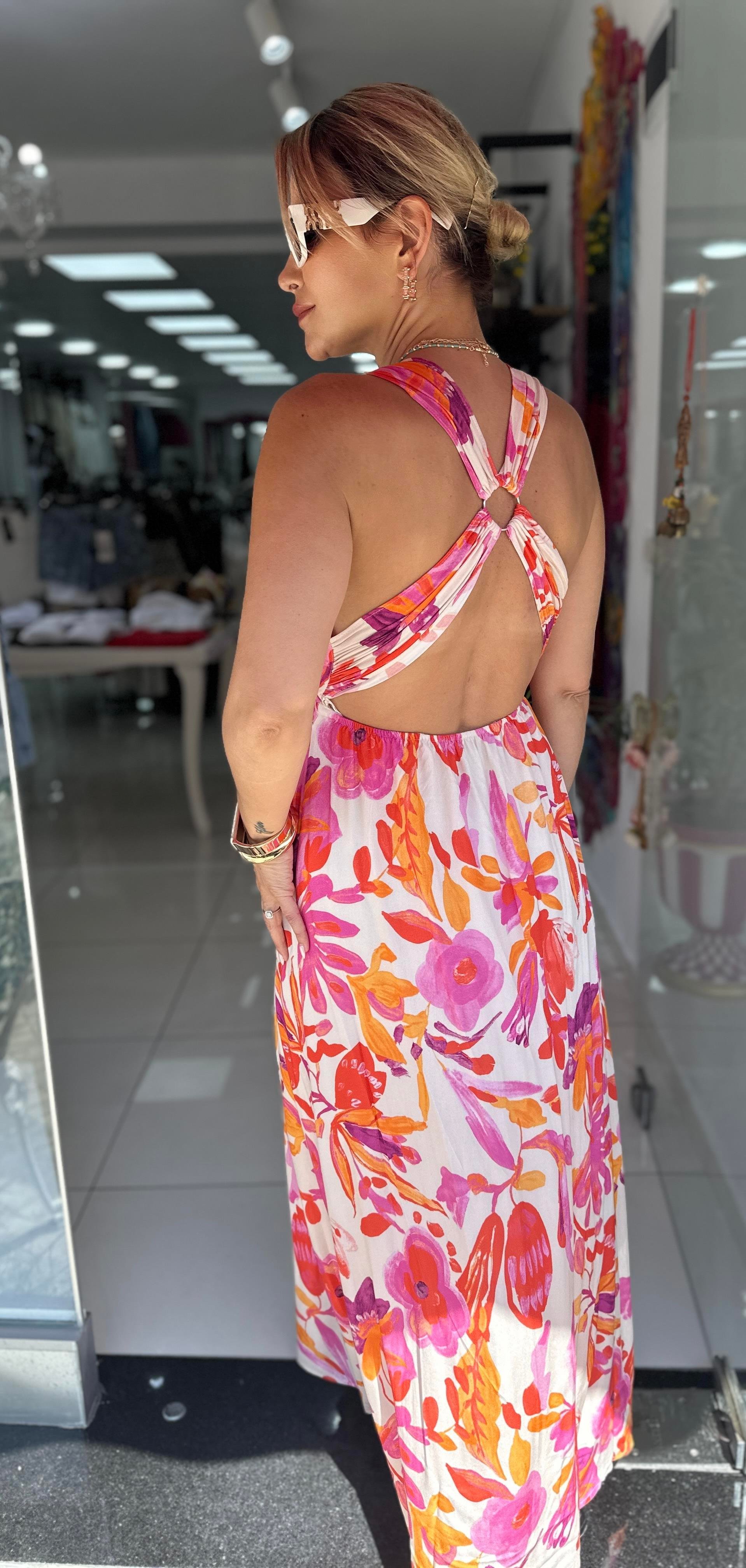 Orange Desenli Ara Biyeli Elbise