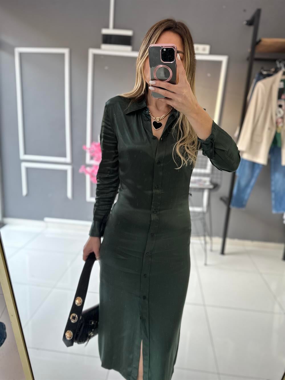 ORJ ZR Haki İpek Saten Elbise