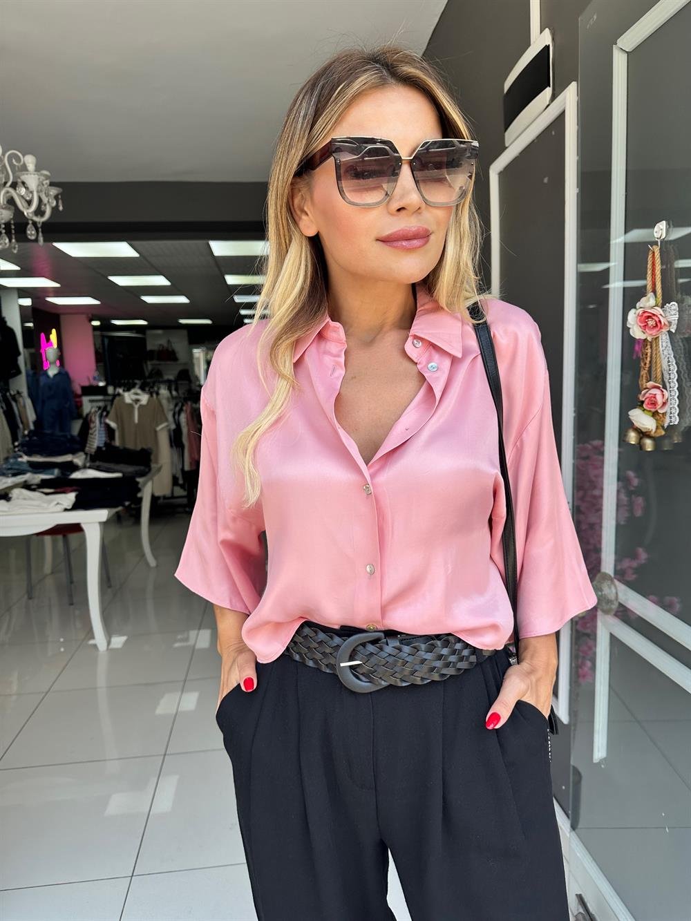 ORJ ZR Pudra Pembe Saten Gömlek