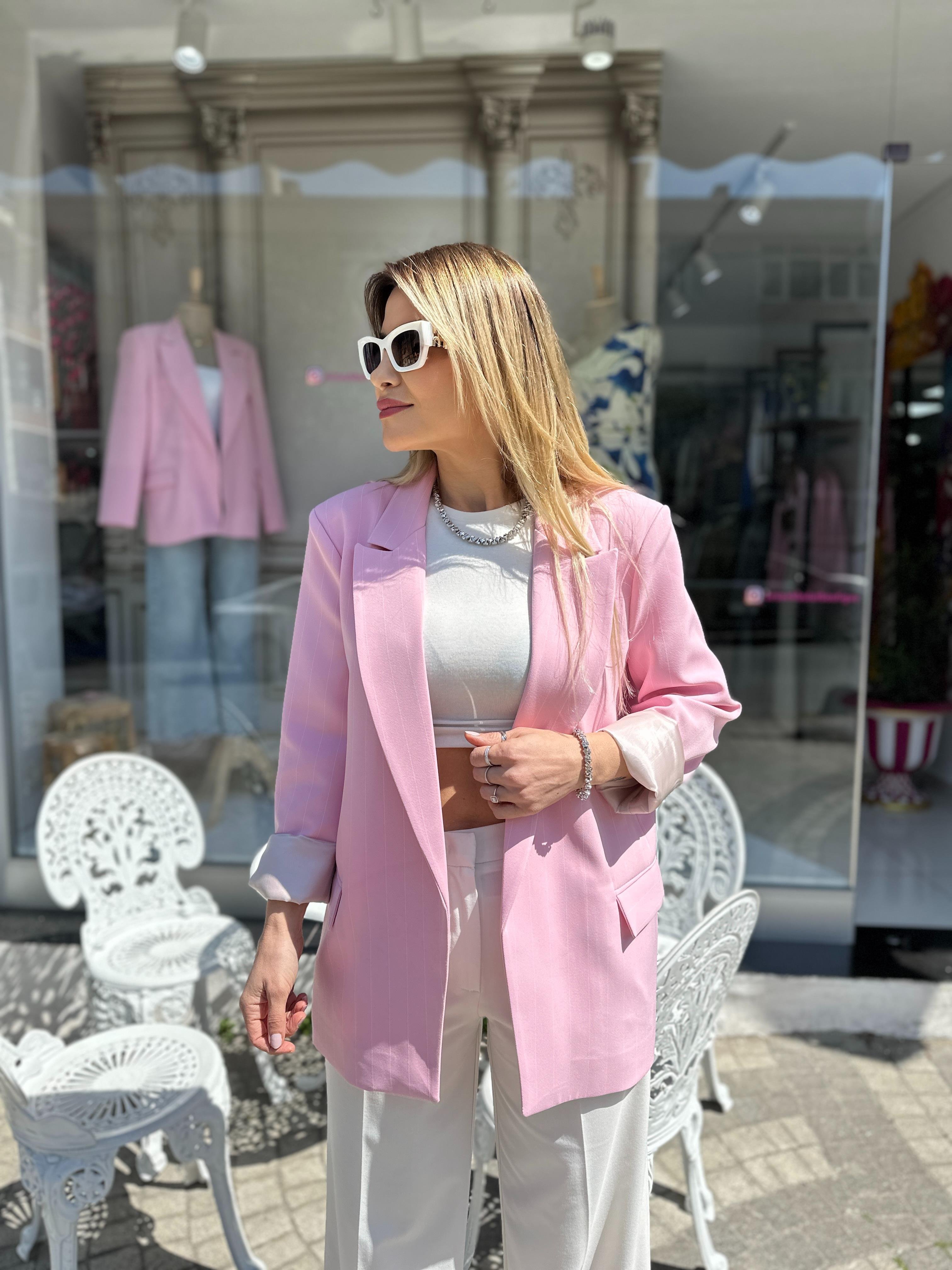 Pembe Bej Çizgili Astarlı Blazer 