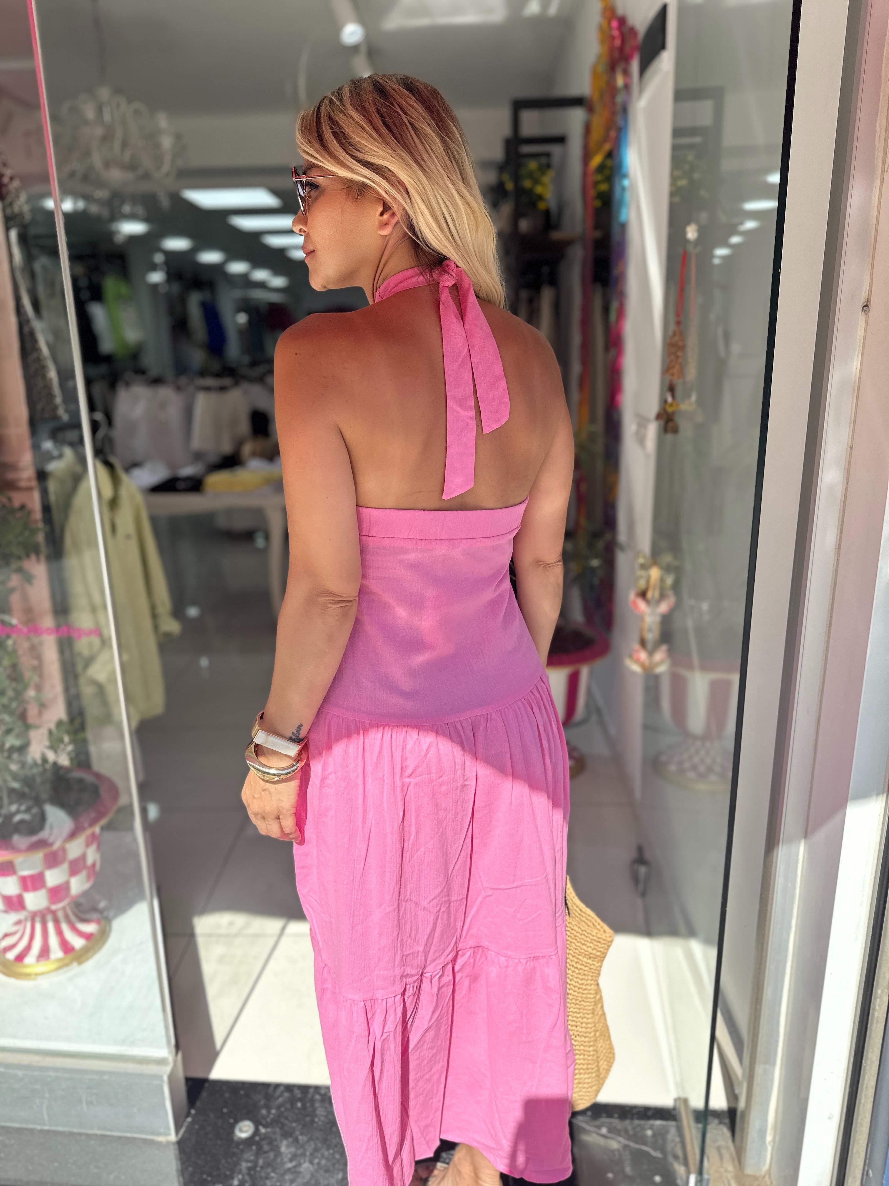 Pembe Boyundan Bağlamalı Elbise