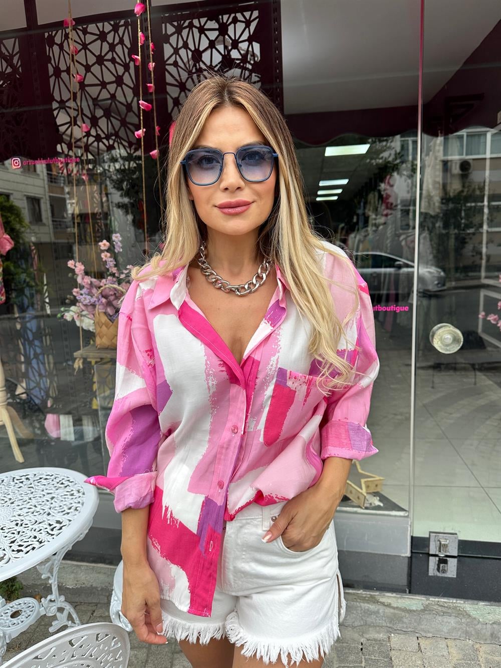 Pembe Desenli Modal Oversize Gömlek 