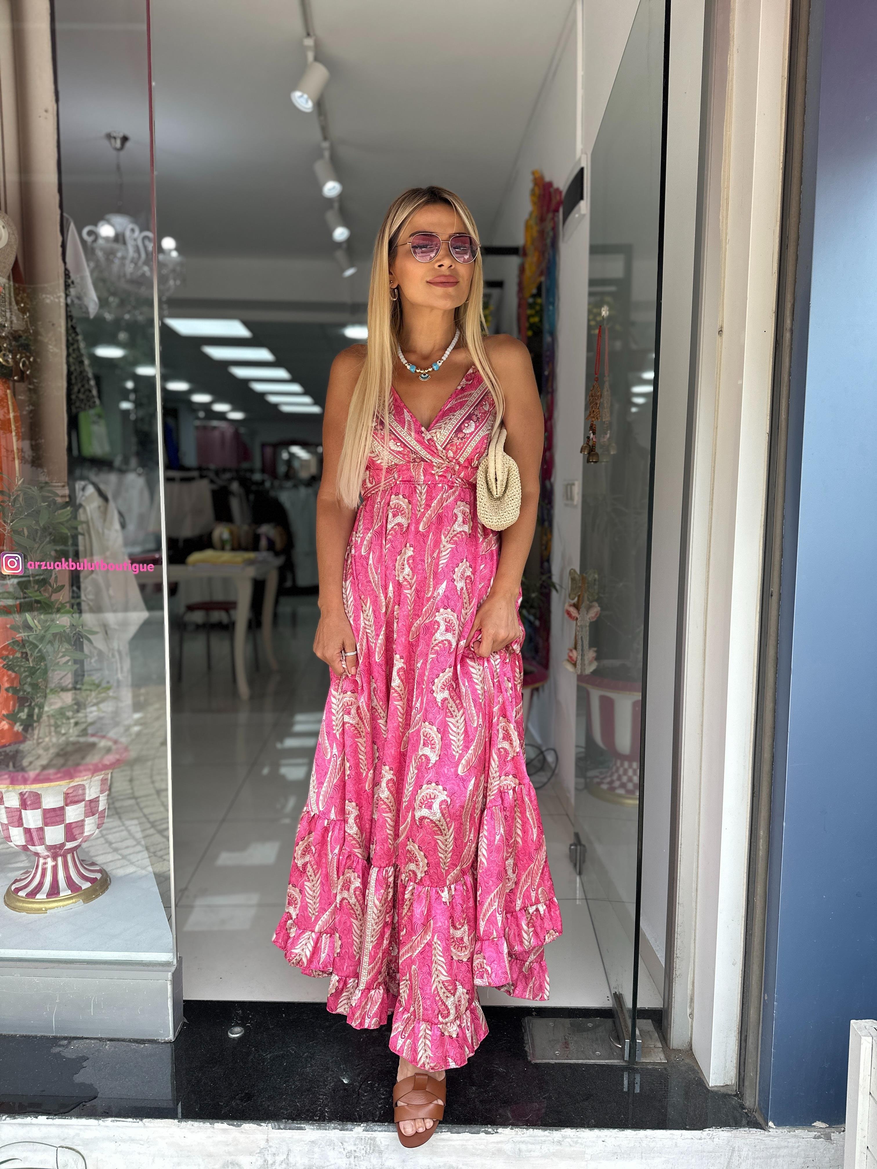 Pembe İpek Saten Elbise 
