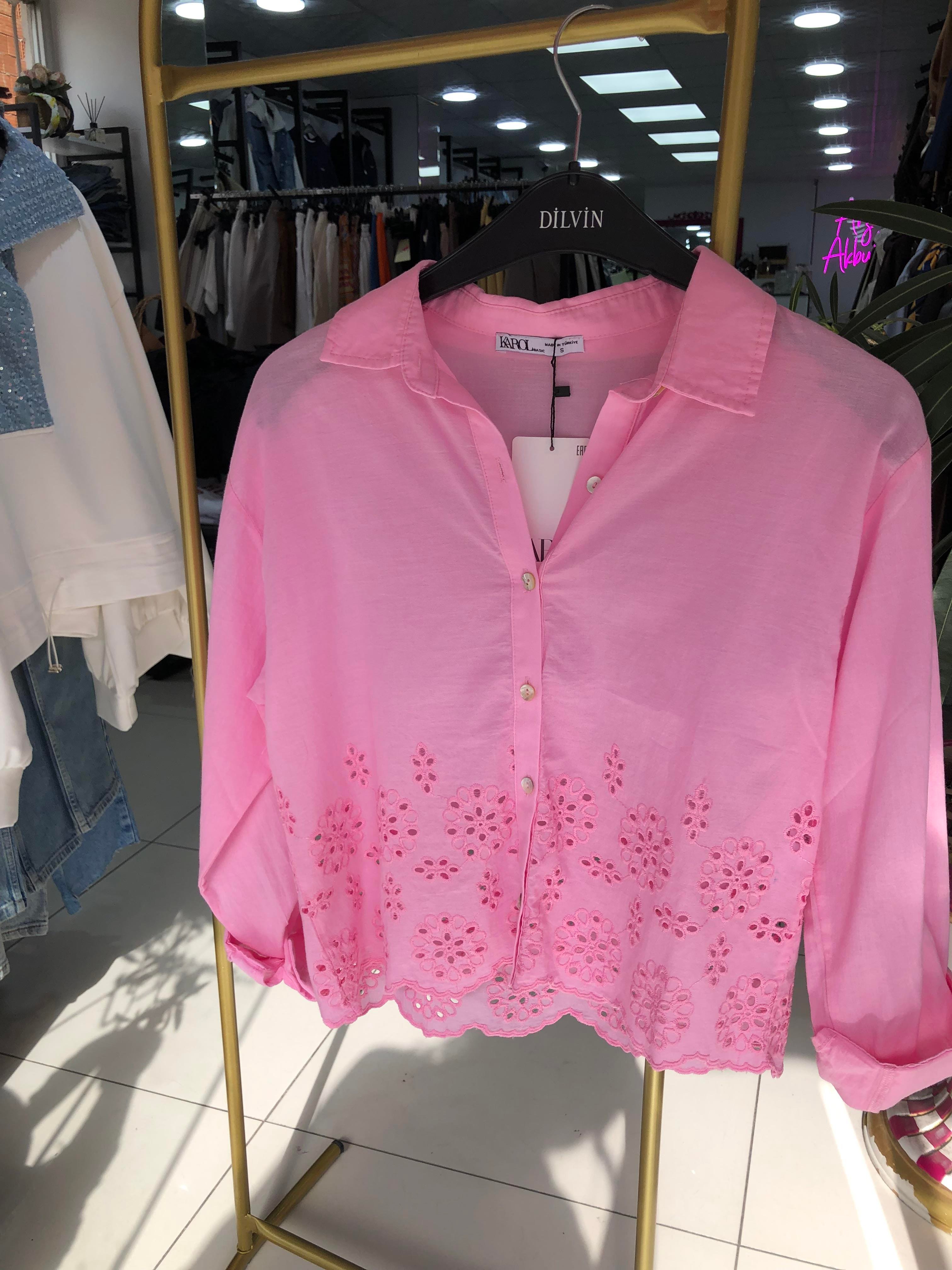 Pembe Nakışlı Pamuklu Gömlek 