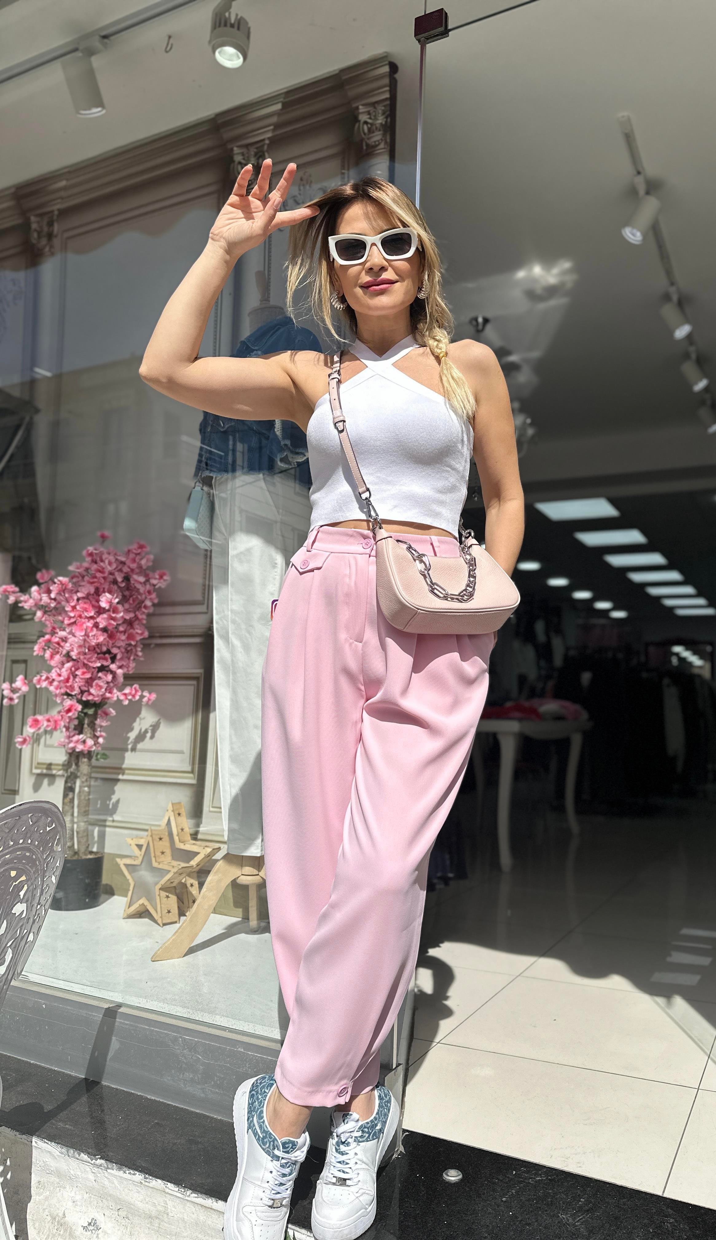 Pembe Paça Düğme Detaylı Şalvar Model Pantolon