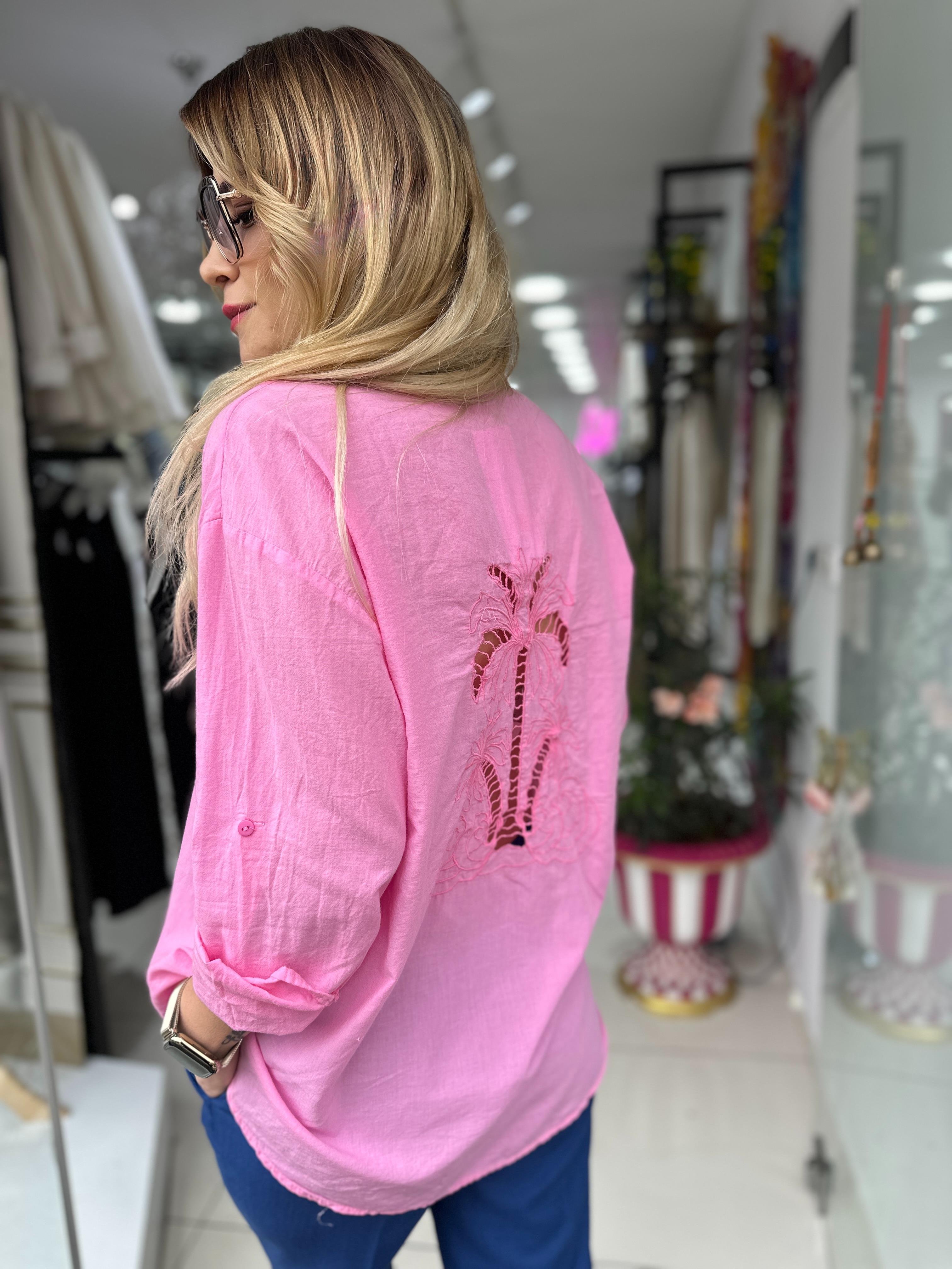 Pembe Palmiye Desen Pamuklu Gömlek