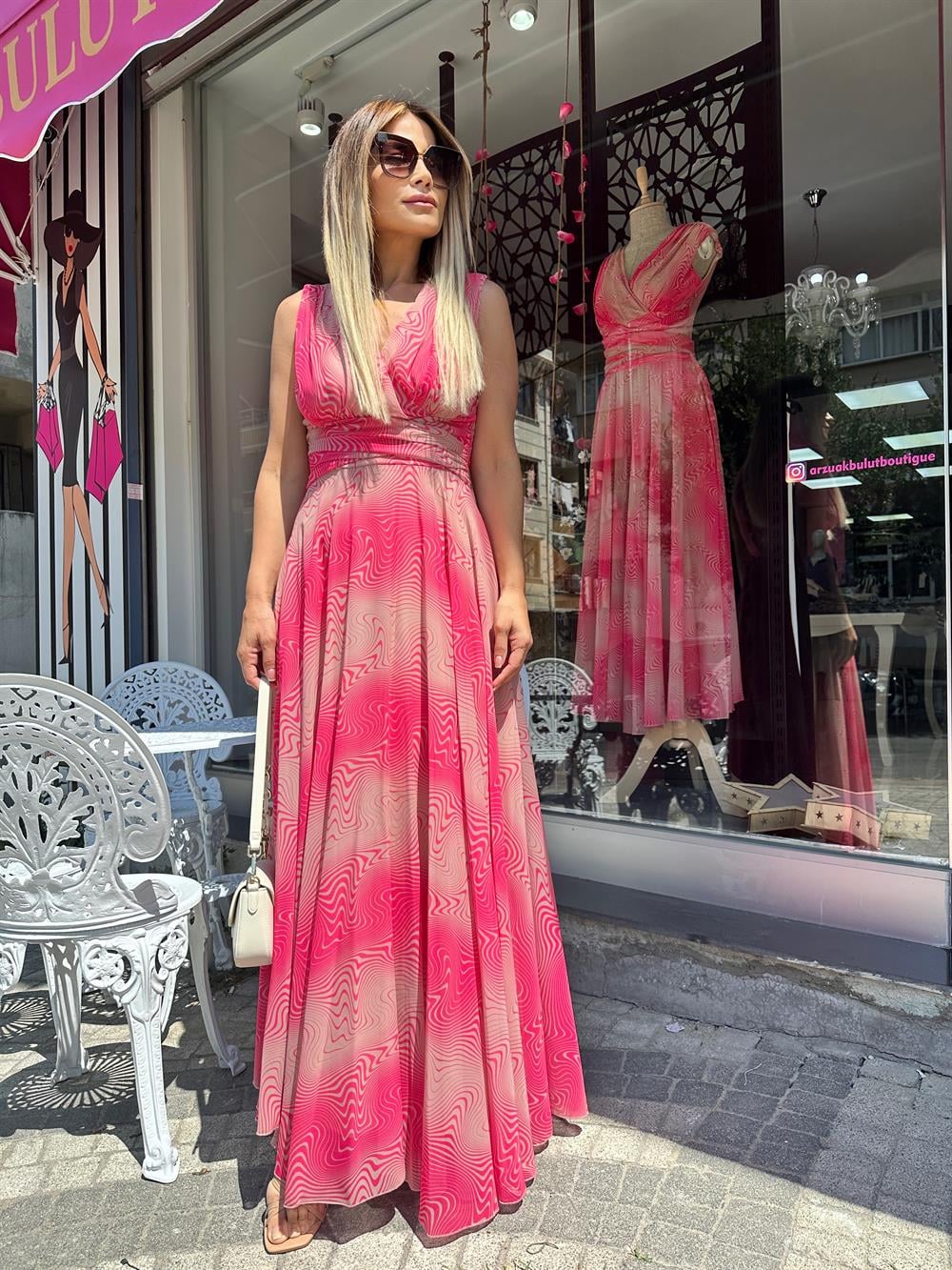 Pembe Şifon Abiye Elbise 