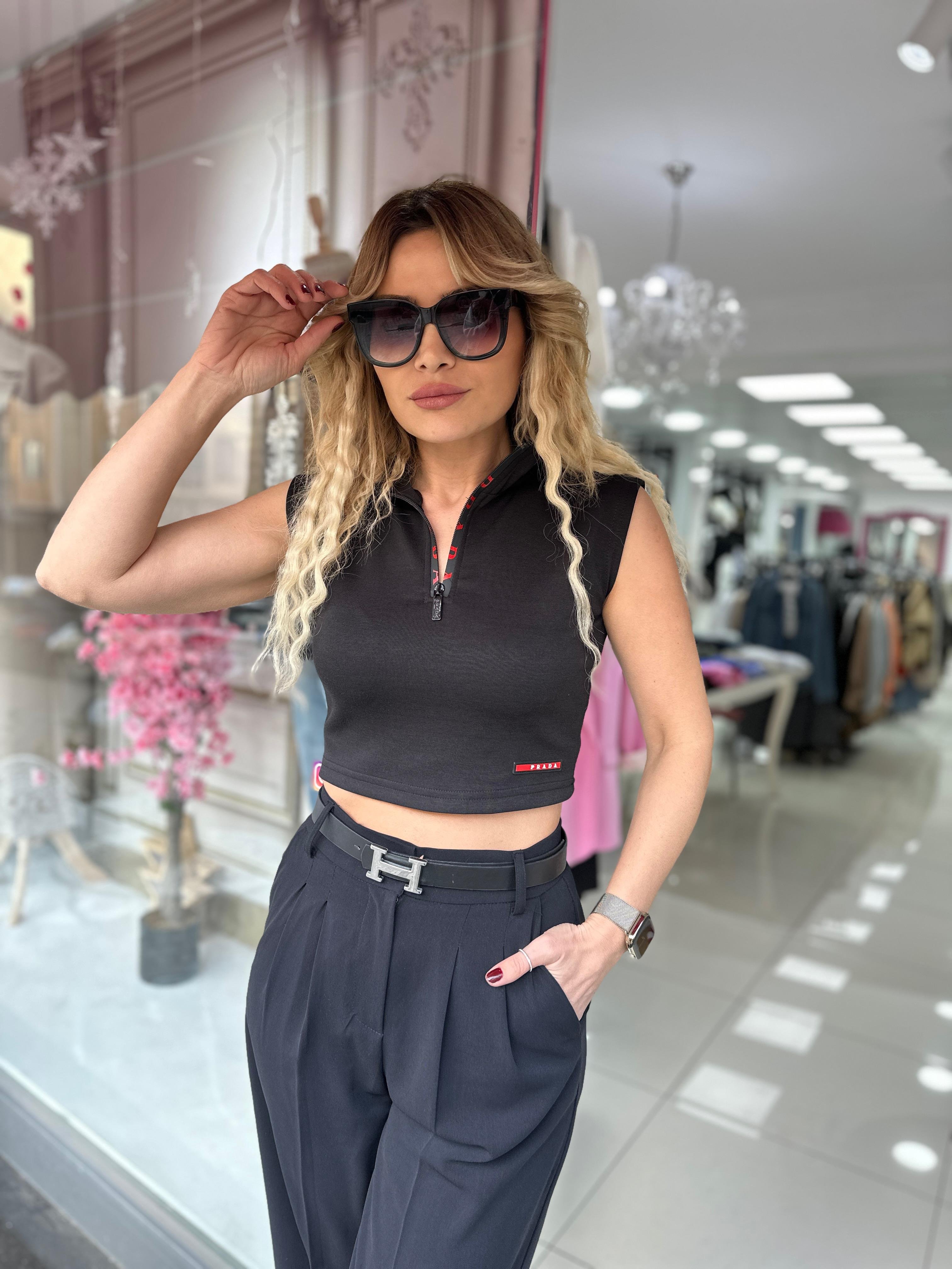 PRD Siyah Scupa Kumaş Fermuarlı Crop 
