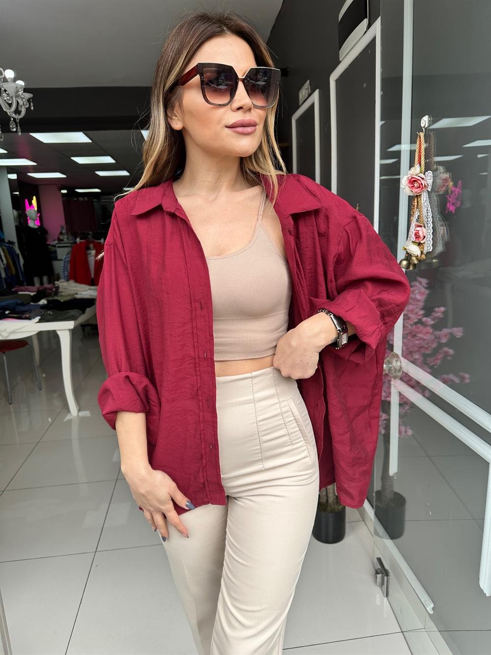 PRY Bordo Oversize Gömlek