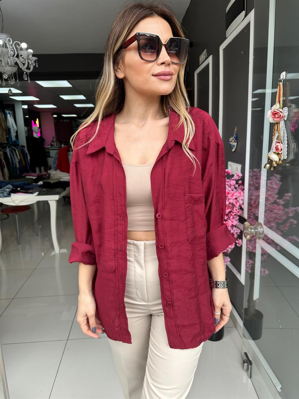 PRY Bordo Oversize Gömlek