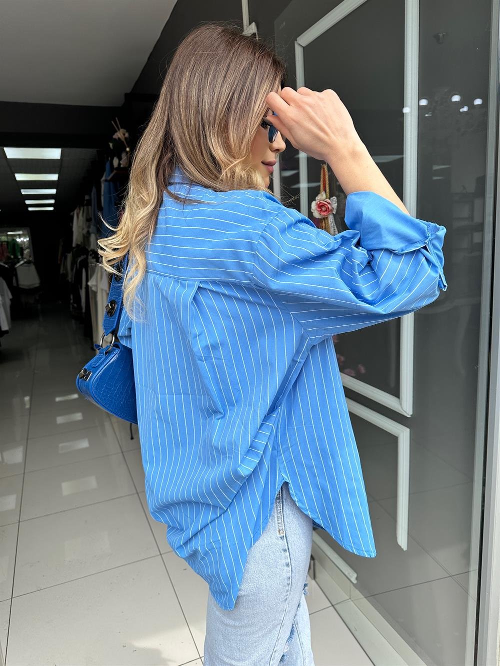 PRY Mavi Oversize Çizgili Gömlek