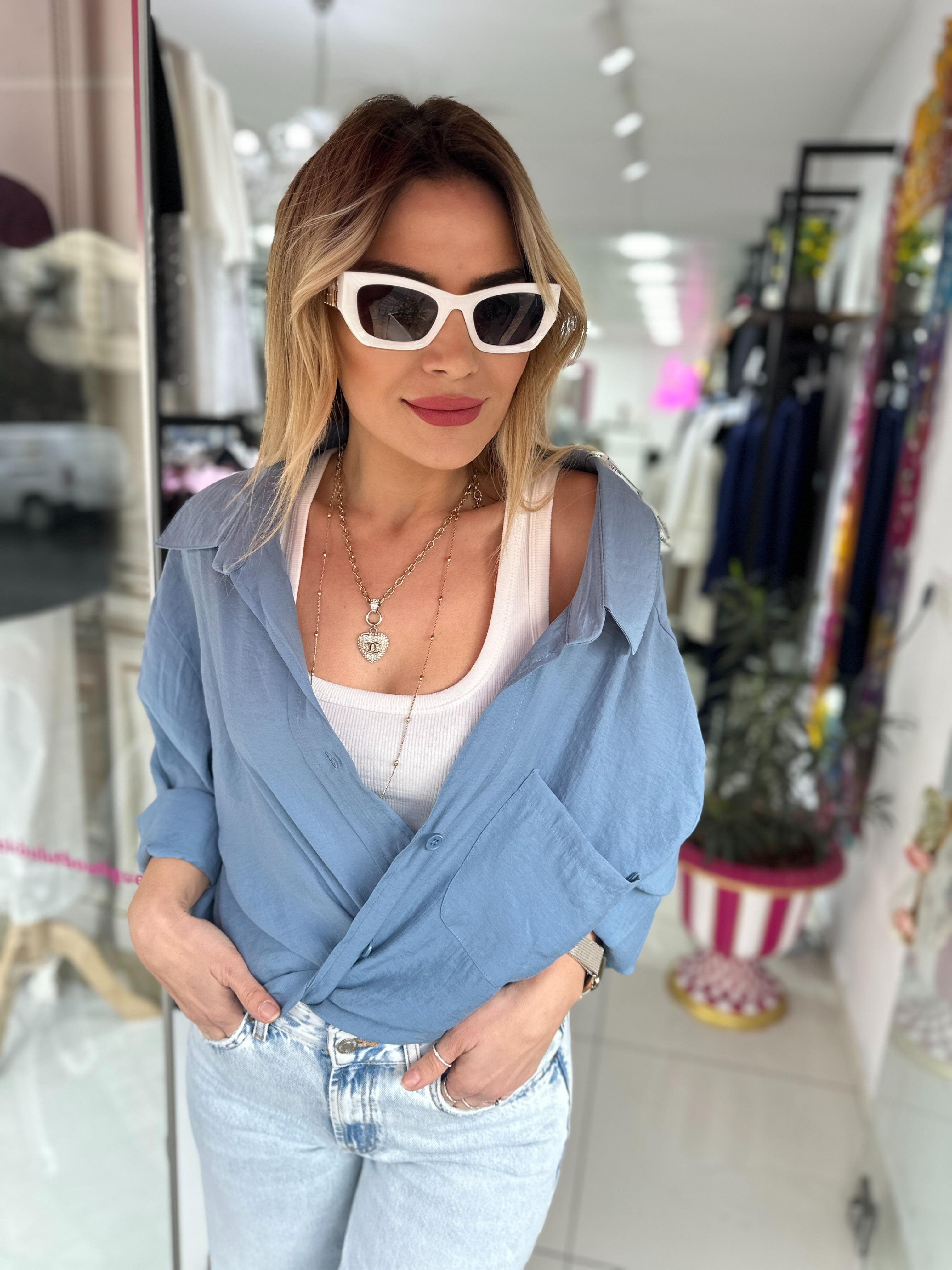 PRY Mavi Tensel Oversize Gömlek