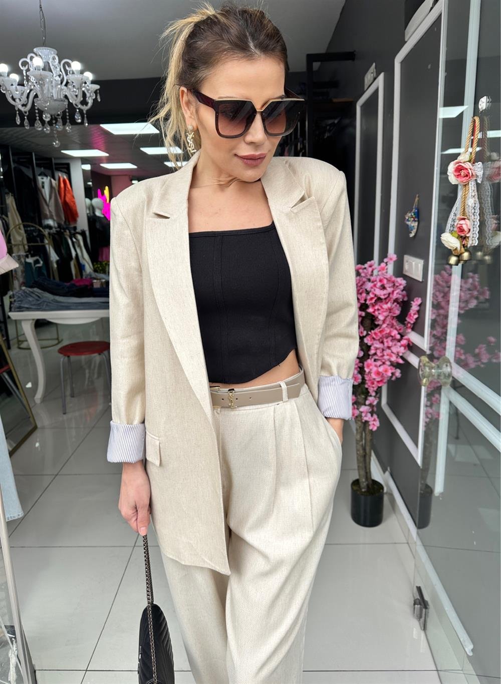 QZ Bej Astarlı Keten Blazer Ceket