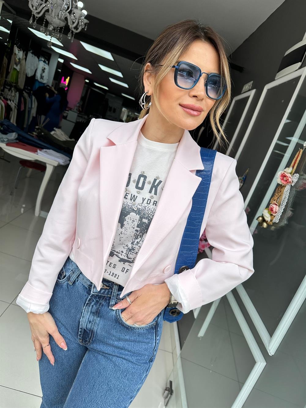 QZ Pembe Kısa Blazer Ceket 