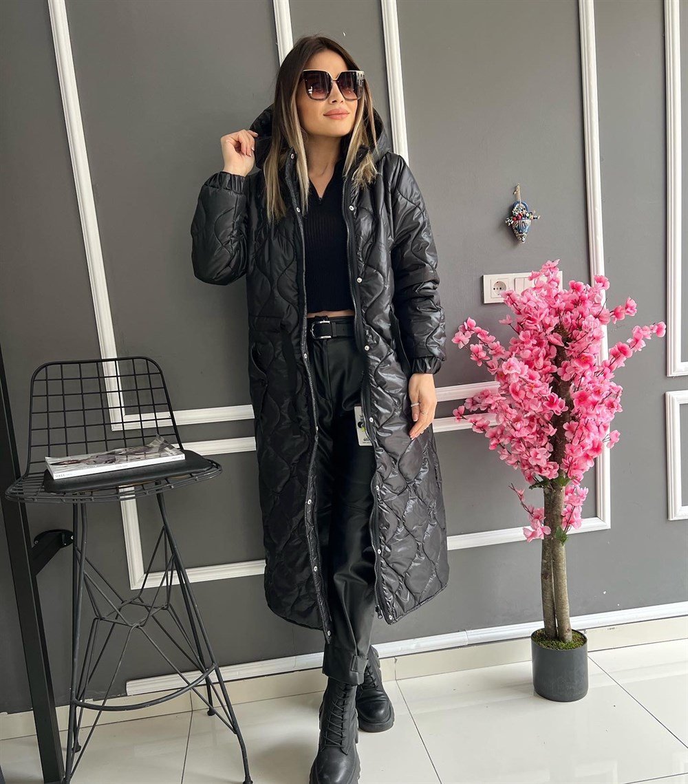 RB Siyah Kapitone Desen Uzun Mont