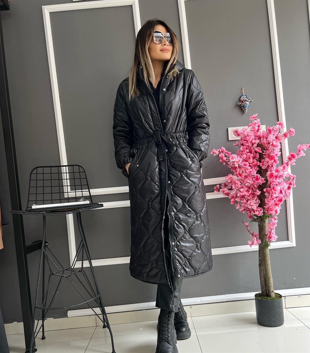 RB Siyah Kapitone Desen Uzun Mont