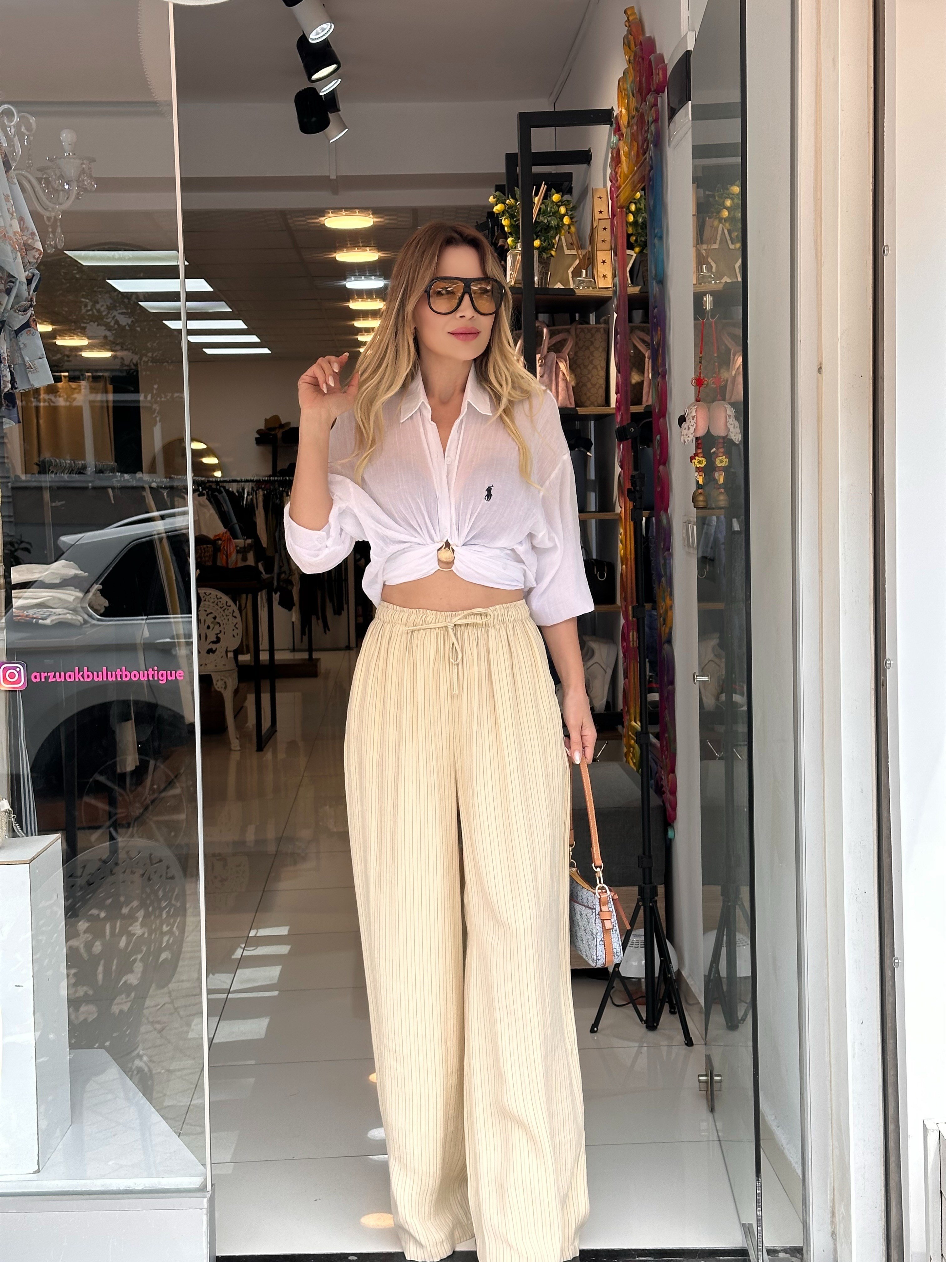 Sarı- Gri Çizgili Pantolon