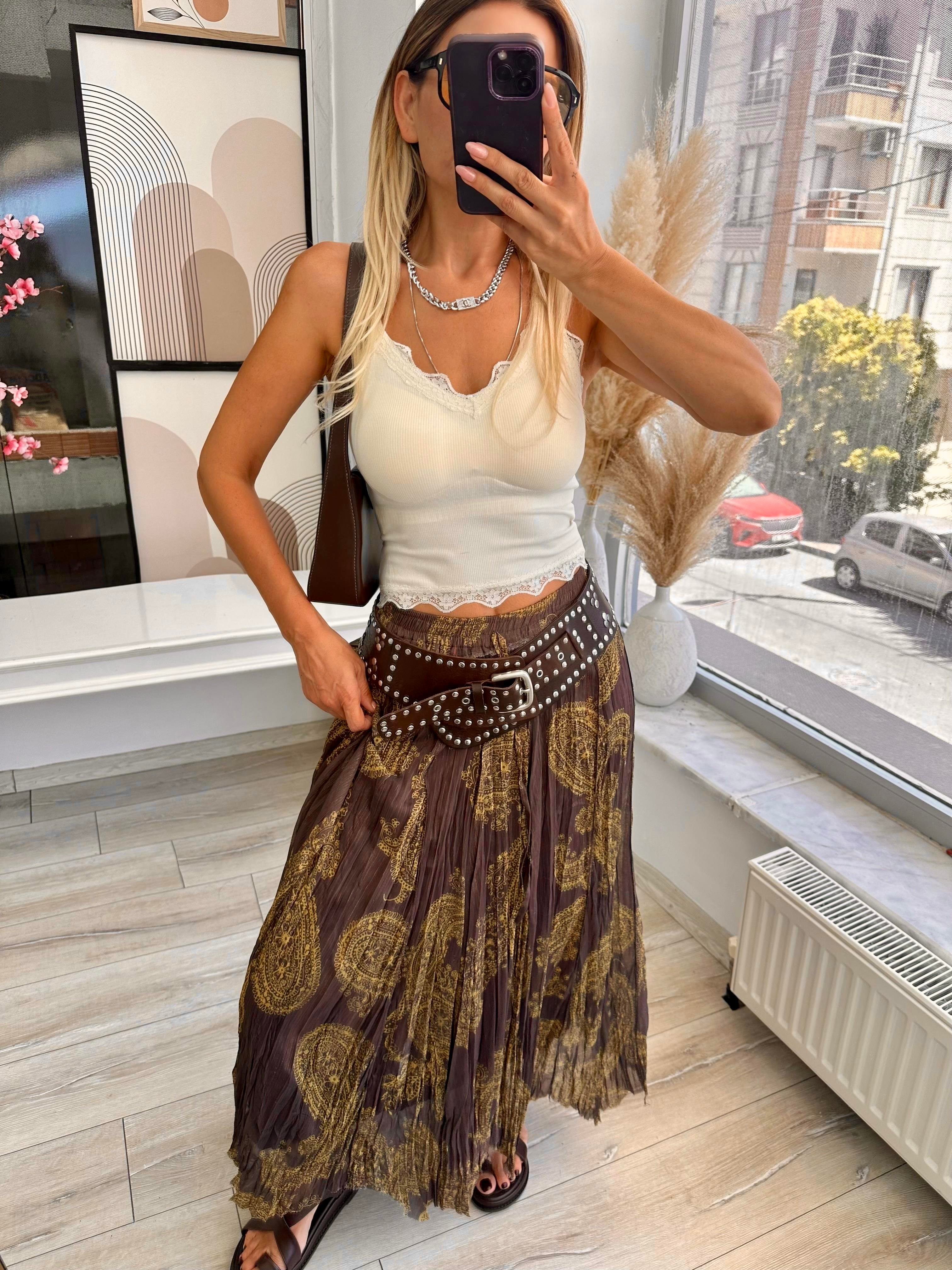 Sarı Kahve Simli Beli Lastikli Etek 