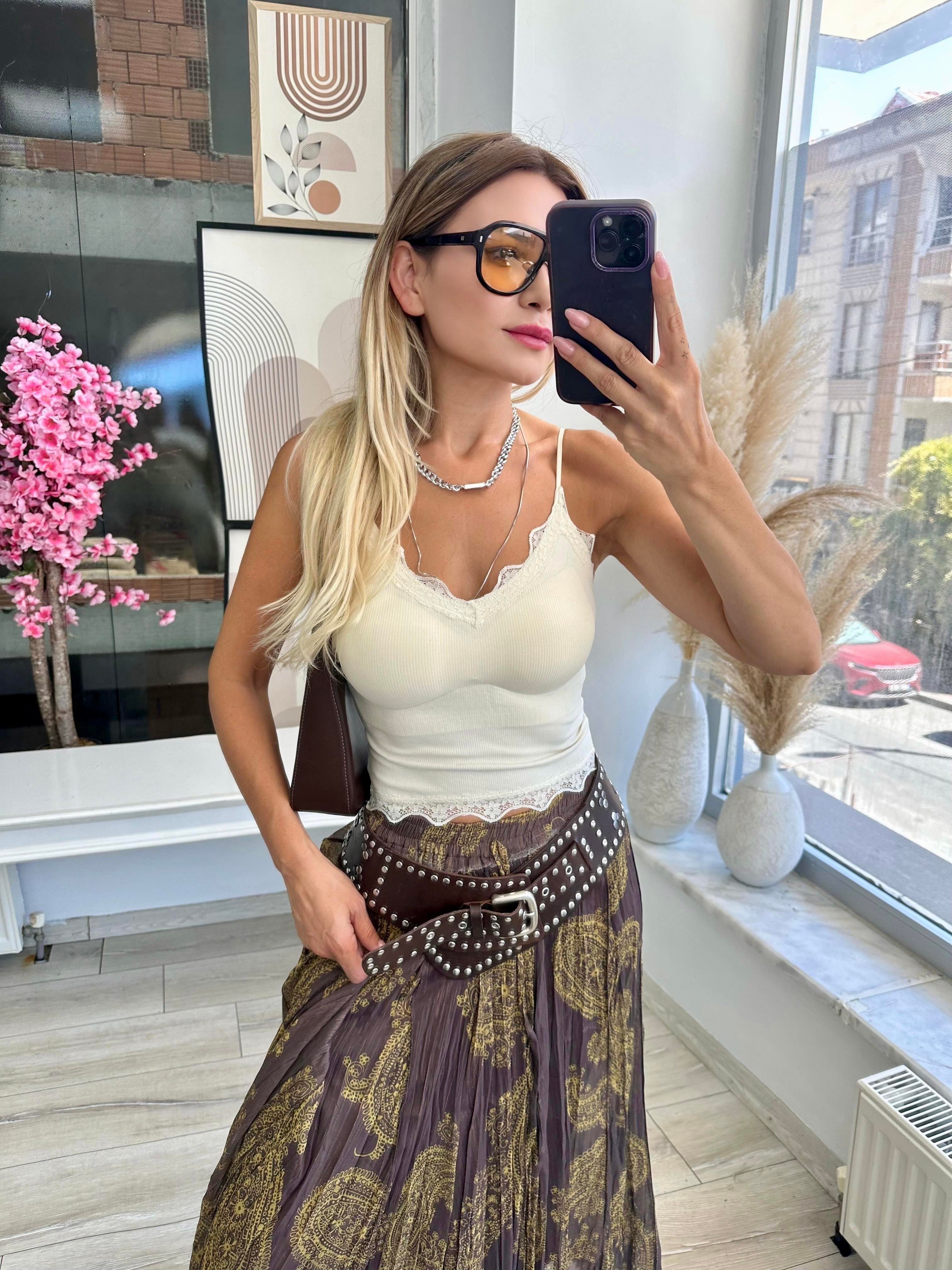 Sarı Kahve Simli Beli Lastikli Etek 