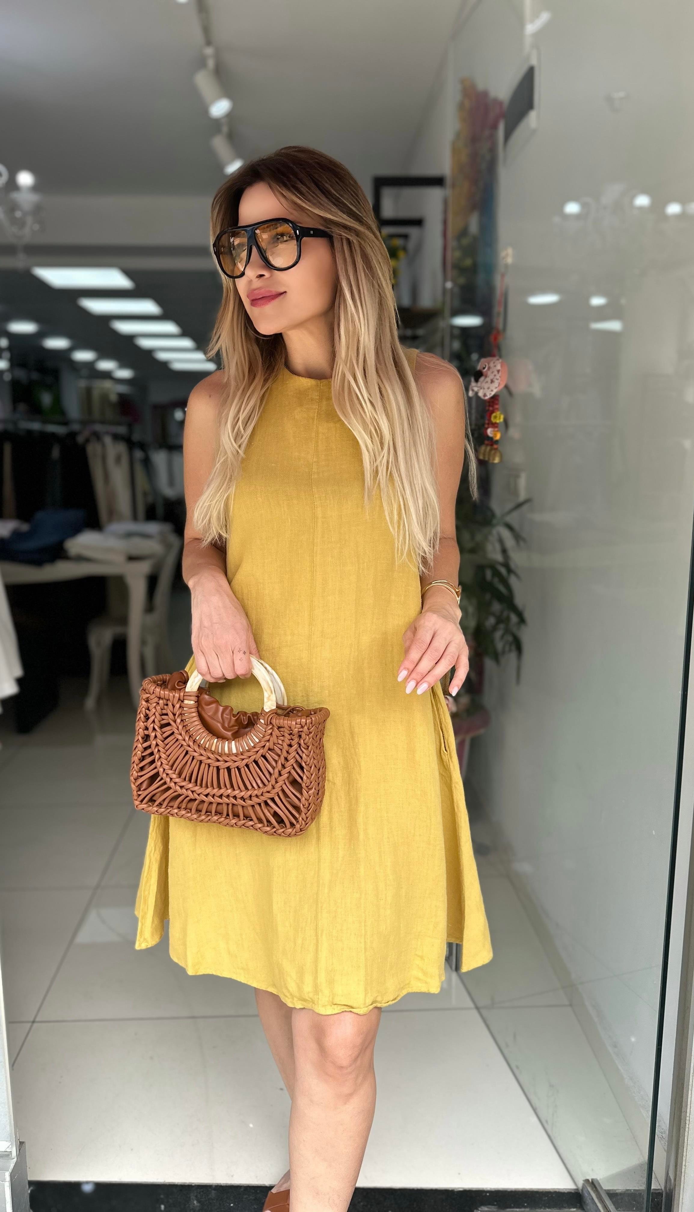 Sarı Keten Elbise