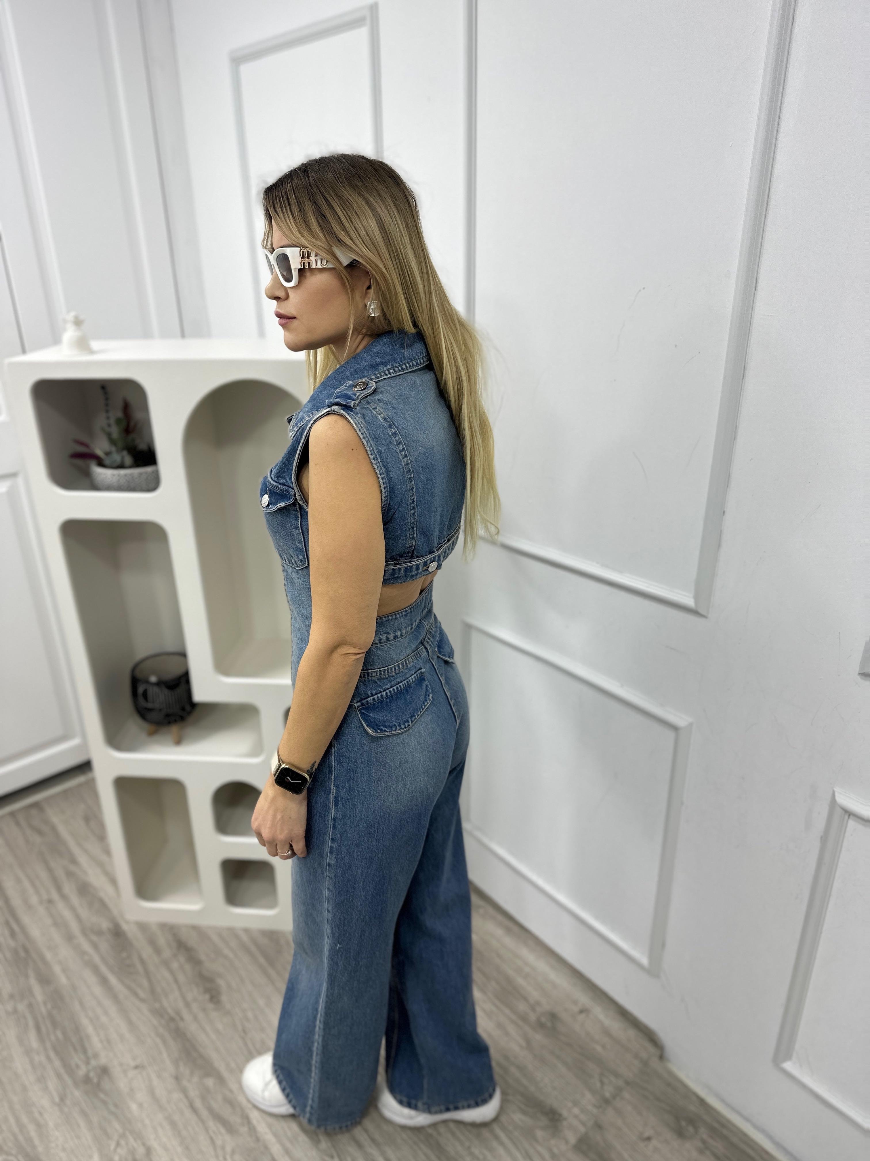 Sırt Dekolteli Denim Kot Tulum