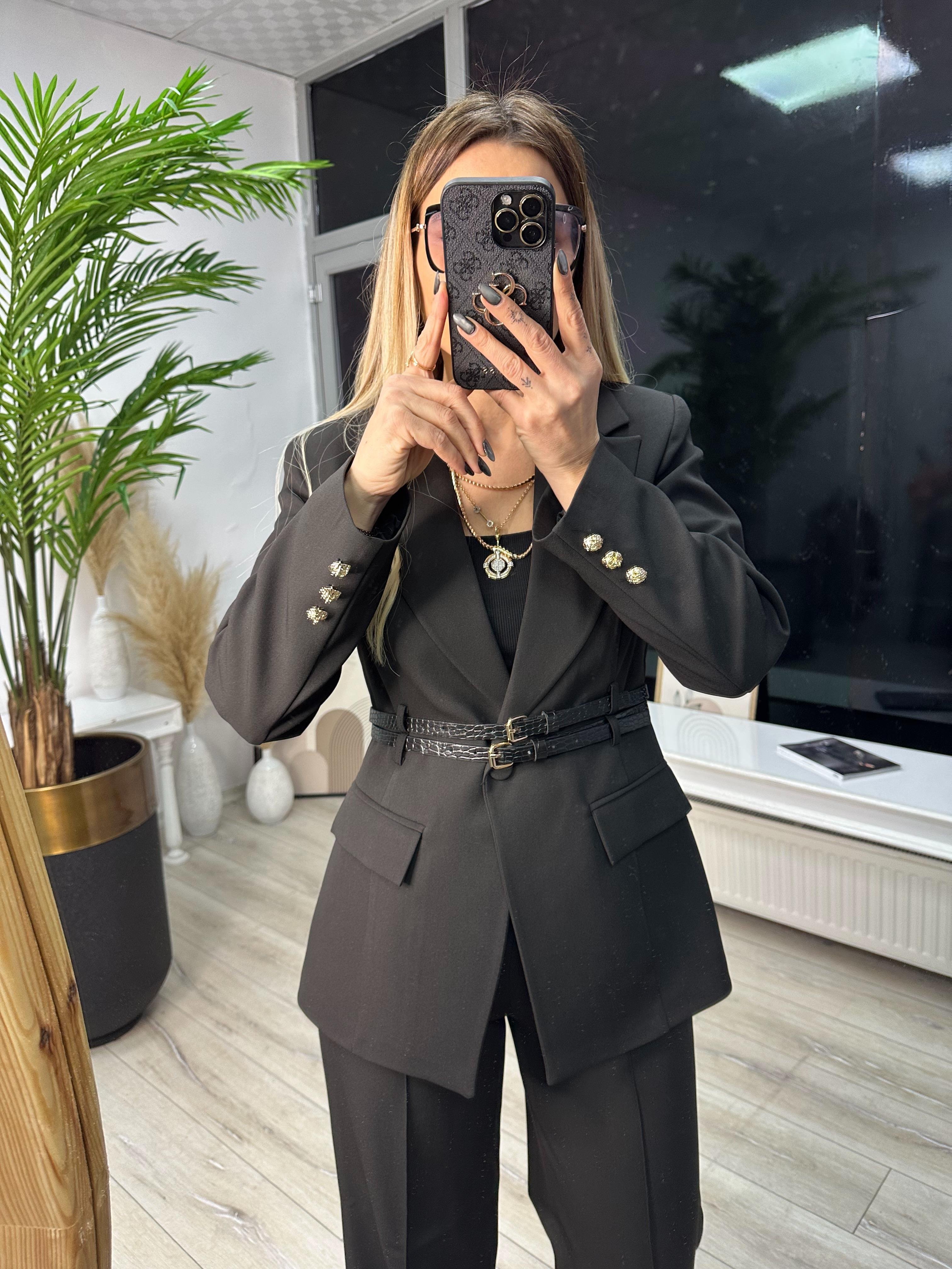 Siyah Çift Kemerli Blazer Pantolon Takım